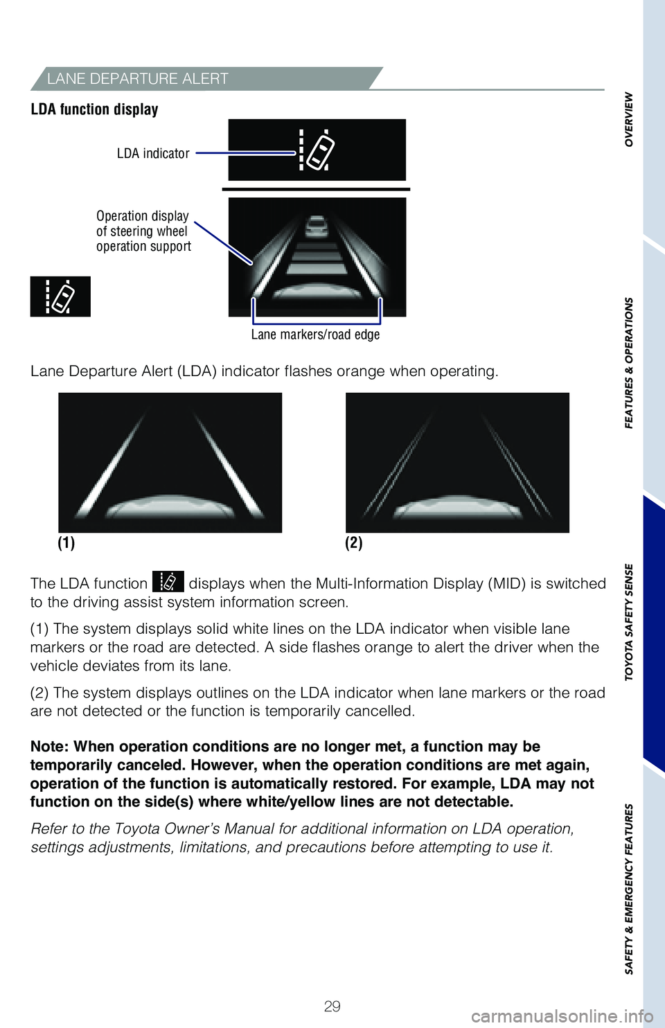 TOYOTA COROLLA HYBRID 2020 (in English) Owners Guide 29
LANE DEPARTURE ALERT
LDA function display
Operation display
of steering wheel
operation supportLDA indicator
Lane markers/road edge
(2)
(1)
Lane Departure Alert (LDA) indicator flashes orange whe TOYOTA COROLLA HYBRID 2020 (in English) Owners Guide 29
LANE DEPARTURE ALERT
LDA function display
Operation display
of steering wheel
operation supportLDA indicator
Lane markers/road edge
(2)
(1)
Lane Departure Alert (LDA) indicator flashes orange whe