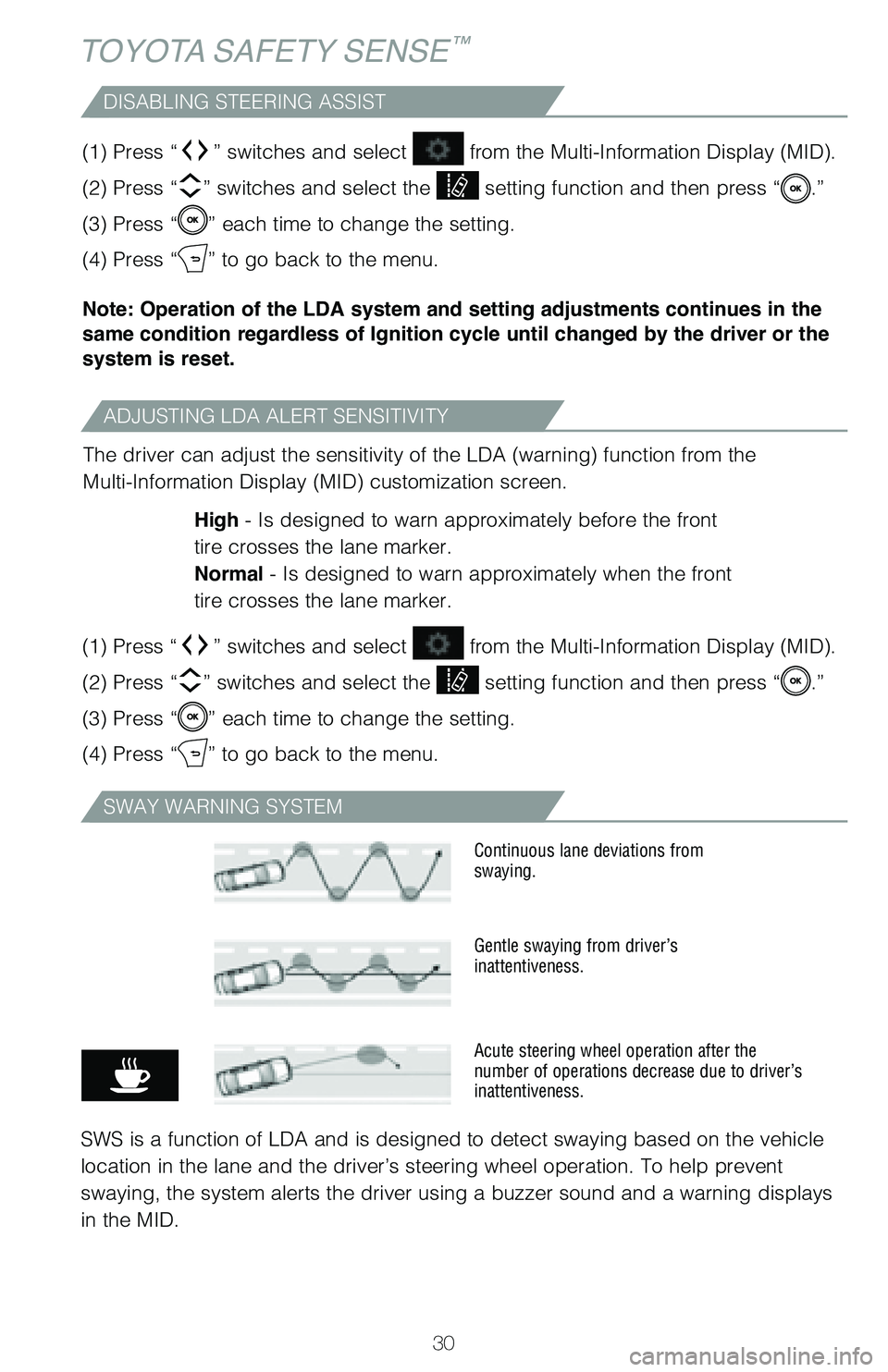 TOYOTA COROLLA HYBRID 2020 (in English) Owners Guide 30
ADJUSTING LDA ALERT SENSITIVITY
DISABLING STEERING ASSIST
The driver can adjust the sensitivity of the LDA (warning) function from the
Multi-Information Display (MID) customization screen.High - Is TOYOTA COROLLA HYBRID 2020 (in English) Owners Guide 30
ADJUSTING LDA ALERT SENSITIVITY
DISABLING STEERING ASSIST
The driver can adjust the sensitivity of the LDA (warning) function from the
Multi-Information Display (MID) customization screen.High - Is