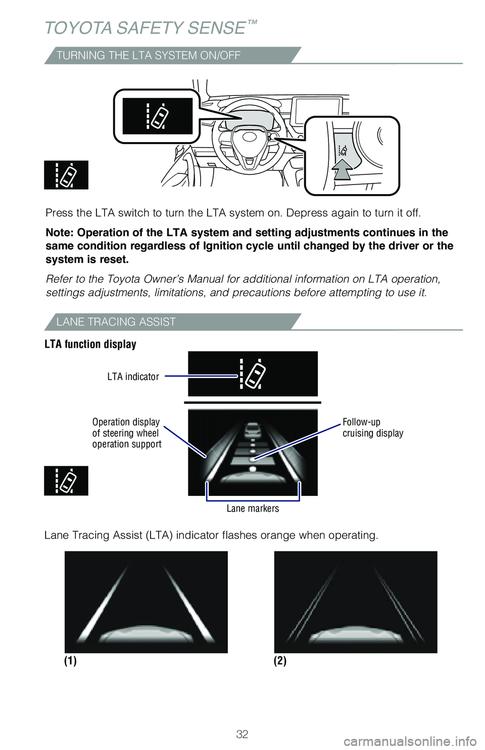 TOYOTA COROLLA HYBRID 2020 (in English) Owners Guide 32
TOYOTA SAFETY SENSE™
TURNING THE LTA SYSTEM ON/OFF
Press the LTA switch to turn the LTA system on. Depress again to turn it off.
Note: Operation of the LTA system and setting adjustments continue TOYOTA COROLLA HYBRID 2020 (in English) Owners Guide 32
TOYOTA SAFETY SENSE™
TURNING THE LTA SYSTEM ON/OFF
Press the LTA switch to turn the LTA system on. Depress again to turn it off.
Note: Operation of the LTA system and setting adjustments continue