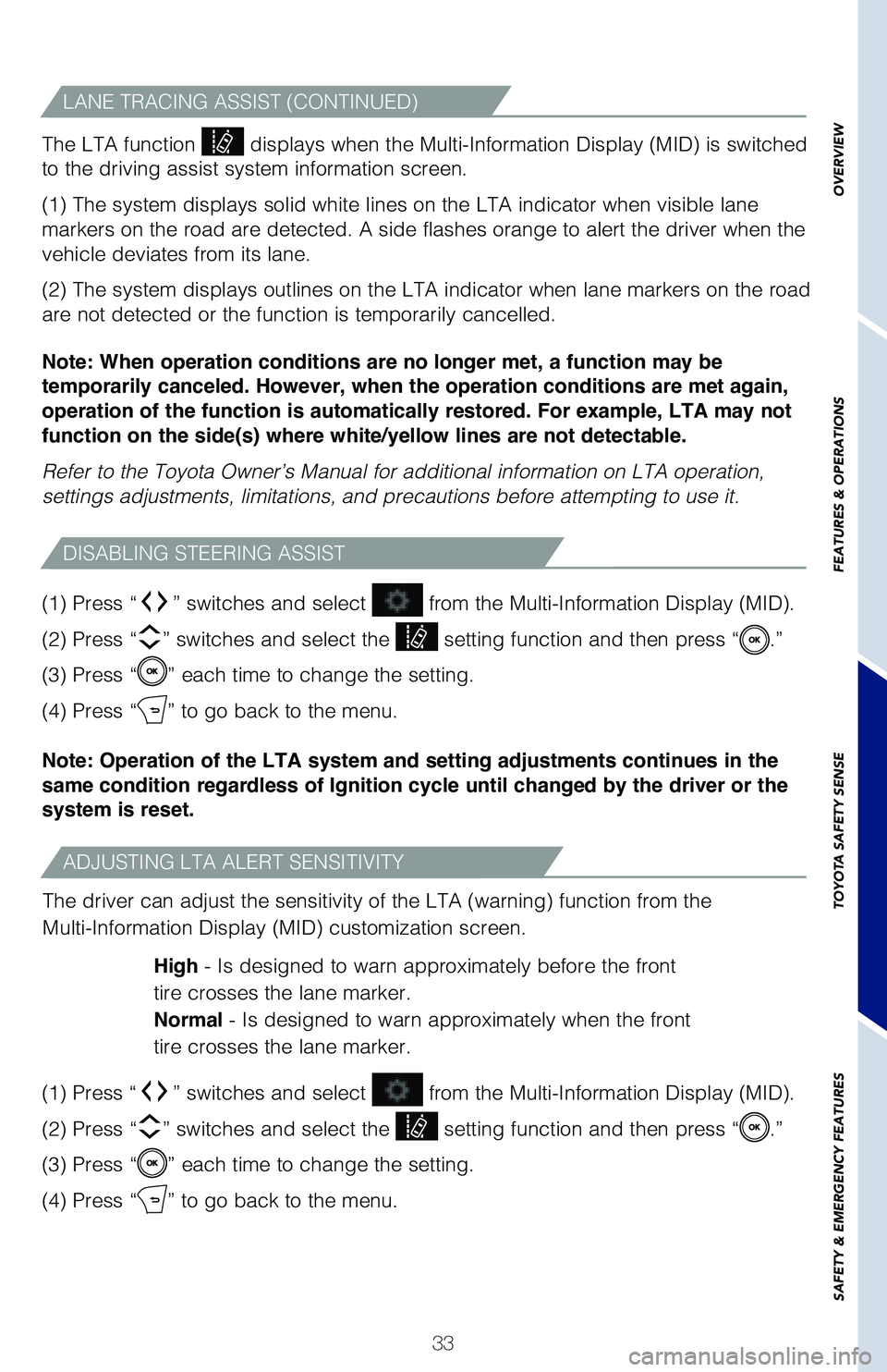 TOYOTA COROLLA HYBRID 2020 (in English) Owners Guide 33
OVERVIEW
FEATURES & OPERATIONS
TOYOTA SAFETY SENSE
SAFETY & EMERGENCY FEATURES
The LTA function displays when the Multi-Information Display (MID) is switched
to the driving assist system informat TOYOTA COROLLA HYBRID 2020 (in English) Owners Guide 33
OVERVIEW
FEATURES & OPERATIONS
TOYOTA SAFETY SENSE
SAFETY & EMERGENCY FEATURES
The LTA function displays when the Multi-Information Display (MID) is switched
to the driving assist system informat