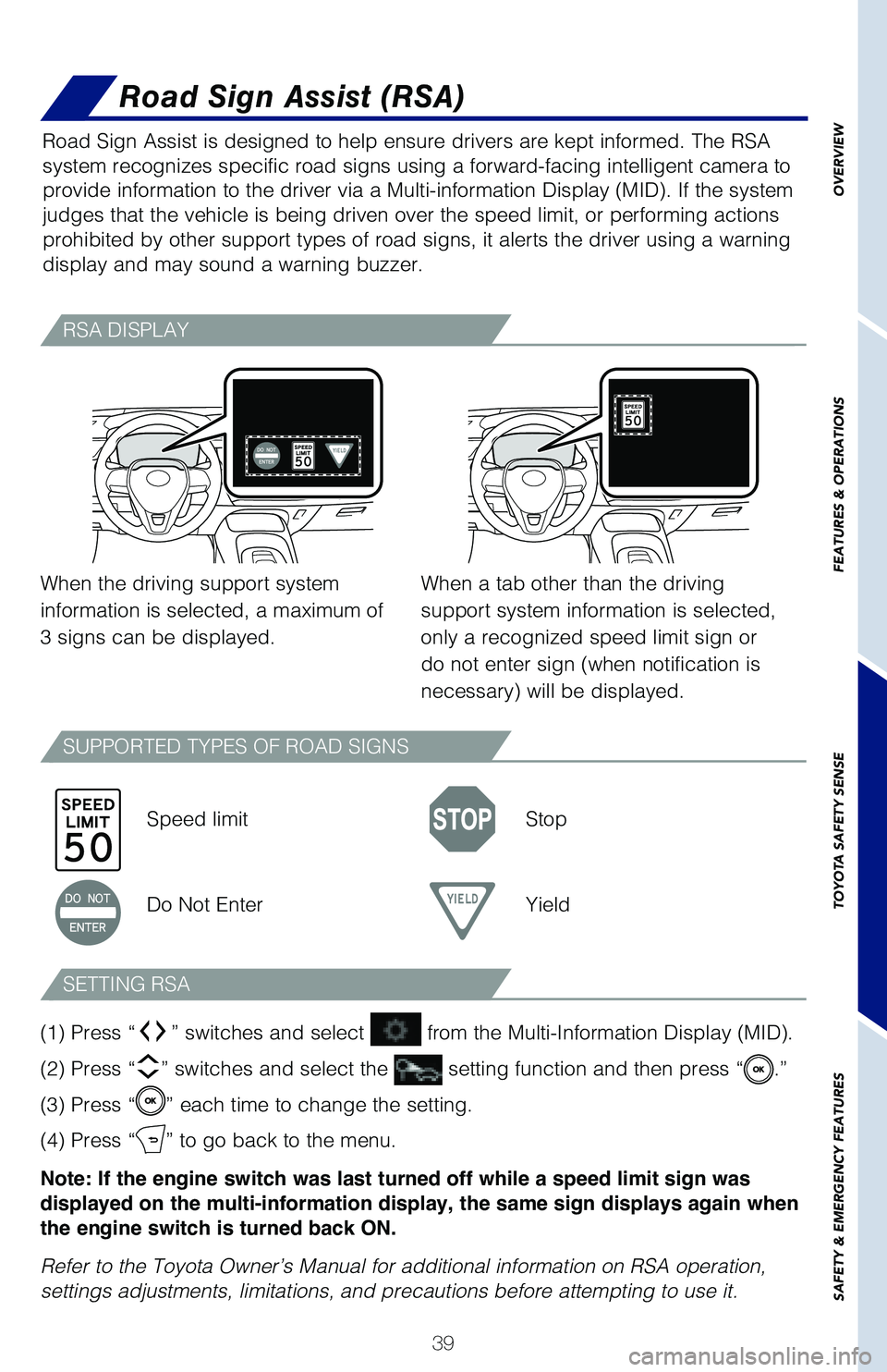 TOYOTA COROLLA HYBRID 2020 (in English) Service Manual 39
Road Sign Assist (RSA)
Road Sign Assist is designed to help ensure drivers are kept informed. The RSA
system recognizes specific road signs using a forward-facing intelligent camera to
provide in TOYOTA COROLLA HYBRID 2020 (in English) Service Manual 39
Road Sign Assist (RSA)
Road Sign Assist is designed to help ensure drivers are kept informed. The RSA
system recognizes specific road signs using a forward-facing intelligent camera to
provide in