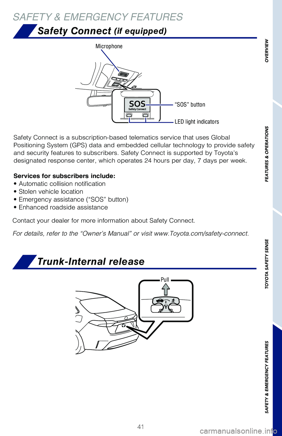 TOYOTA COROLLA HYBRID 2020 (in English) Service Manual 41
SAFETY & EMERGENCY FEATURESTrunk-Internal release
Pull
Safety Connect (if equipped)
Safety Connect is a subscription-based telematics service that uses Global
Positioning System (GPS) data and em TOYOTA COROLLA HYBRID 2020 (in English) Service Manual 41
SAFETY & EMERGENCY FEATURESTrunk-Internal release
Pull
Safety Connect (if equipped)
Safety Connect is a subscription-based telematics service that uses Global
Positioning System (GPS) data and em