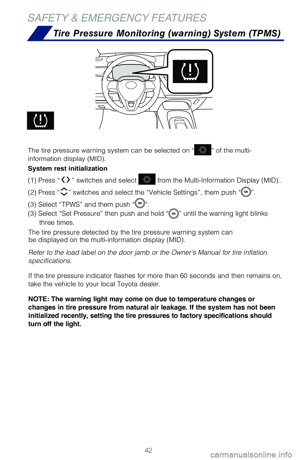 TOYOTA COROLLA HYBRID 2020 (in English) Service Manual 42
SAFETY & EMERGENCY FEATURES
Tire Pressure Monitoring (warning) System (TPMS)
The tire pressure detected by the tire pressure warning system can
be displayed on the multi-information display (MID).
TOYOTA COROLLA HYBRID 2020 (in English) Service Manual 42
SAFETY & EMERGENCY FEATURES
Tire Pressure Monitoring (warning) System (TPMS)
The tire pressure detected by the tire pressure warning system can
be displayed on the multi-information display (MID).