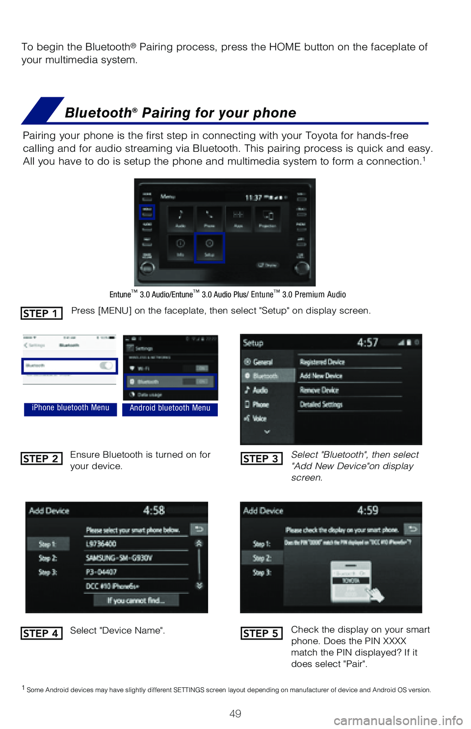 TOYOTA COROLLA HYBRID 2020   (in English) Workshop Manual 49
To begin the Bluetooth® Pairing process, press the HOME button on the faceplate of 
your multimedia system.
Bluetooth® Pairing for your phone
Pairing your phone is the first step in connecting wi
