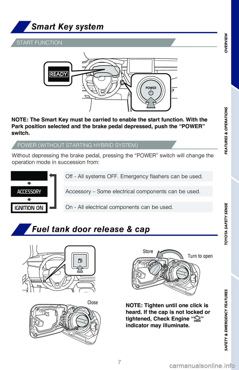 TOYOTA COROLLA HYBRID 2020 Owners Manual (in English) 7
OVERVIEW
FEATURES & OPERATIONS
TOYOTA SAFETY SENSE
SAFETY & EMERGENCY FEATURES
Smart Key system
START FUNCTION
POWER (WITHOUT STARTING HYBRID SYSTEM)
NOTE: The Smart Key must be carried to enable th TOYOTA COROLLA HYBRID 2020 Owners Manual (in English) 7
OVERVIEW
FEATURES & OPERATIONS
TOYOTA SAFETY SENSE
SAFETY & EMERGENCY FEATURES
Smart Key system
START FUNCTION
POWER (WITHOUT STARTING HYBRID SYSTEM)
NOTE: The Smart Key must be carried to enable th