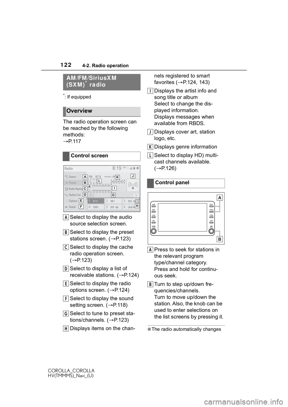 TOYOTA COROLLA HYBRID 2020  Accessories, Audio & Navigation (in English) 1224-2. Radio operation
COROLLA_COROLLA
HV(TMMMS)_Navi_(U)
4-2.Radio operation
*: If equipped
The radio operation screen can 
be reached by the following 
methods:
P. 1 1 7
Select to display the au