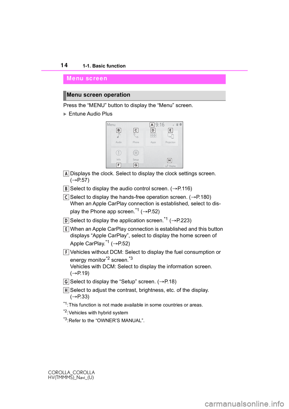 TOYOTA COROLLA HYBRID 2020  Accessories, Audio & Navigation (in English) 141-1. Basic function
COROLLA_COROLLA
HV(TMMMS)_Navi_(U)
Press the “MENU” button to display the “Menu” screen.
Entune Audio Plus
Displays the clock. Select to display the clock settings scr
