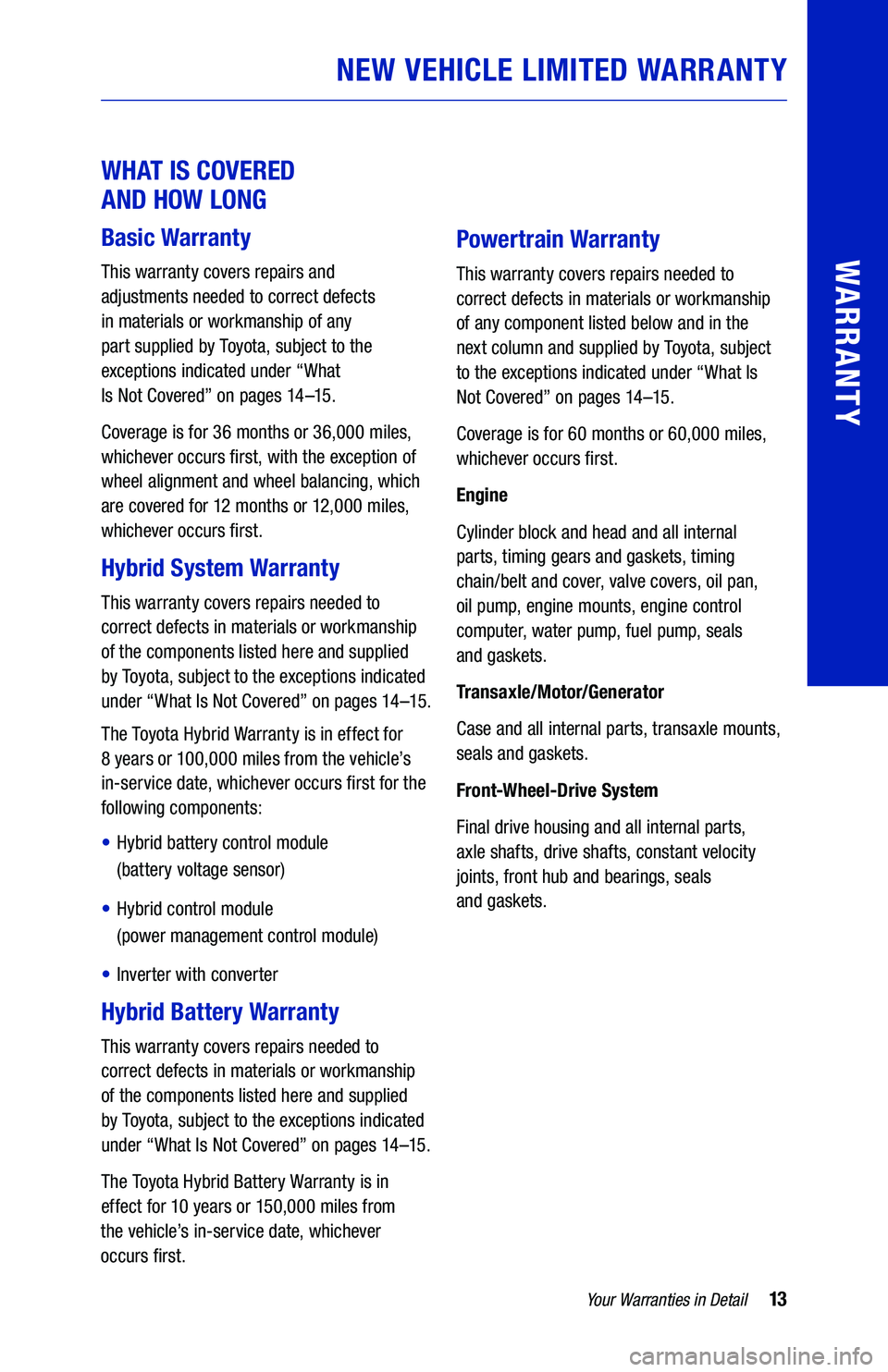 TOYOTA COROLLA HYBRID 2020 Warranties & Maintenance Guides (in English) 13Your Warranties in Detail
WARRANTY
NEW VEHICLE LIMITED WARRANTY
WHAT IS COVERED
AND HOW LONG
Basic Warranty
This warranty covers repairs and
adjustments needed to correct defects
in material TOYOTA COROLLA HYBRID 2020 Warranties & Maintenance Guides (in English) 13Your Warranties in Detail
WARRANTY
NEW VEHICLE LIMITED WARRANTY
WHAT IS COVERED
AND HOW LONG
Basic Warranty
This warranty covers repairs and
adjustments needed to correct defects
in material