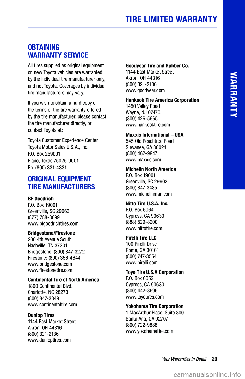 TOYOTA COROLLA HYBRID 2020 Warranties & Maintenance Guides (in English) 29Your Warranties in Detail
WARRANTY
OBTAINING
WARRANTY SERVICE
All tires supplied as original equipment
on new Toyota vehicles are warranted
by the individual tire manufacturer only,
and not TOYOTA COROLLA HYBRID 2020 Warranties & Maintenance Guides (in English) 29Your Warranties in Detail
WARRANTY
OBTAINING
WARRANTY SERVICE
All tires supplied as original equipment
on new Toyota vehicles are warranted
by the individual tire manufacturer only,
and not