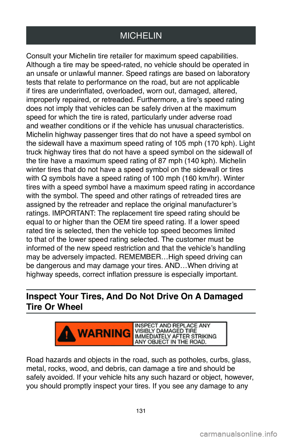 TOYOTA COROLLA HYBRID 2020  Warranties & Maintenance Guides (in English) MICHELIN
131
Consult your Michelin tire retailer for maximum speed capabilities. 
Although a tire may be speed-rated, no vehicle should be operated in 
an unsafe or unlawful manner. Speed ratings are 