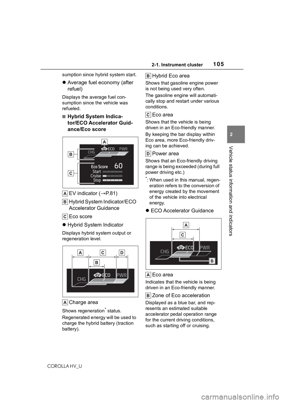 TOYOTA COROLLA HYBRID 2021 Owners Manual (in English) 1052-1. Instrument cluster
COROLLA HV_U
2
Vehicle status information and indicators
sumption since hybrid system start.
Average fuel economy (after
refuel)
Displays the average fuel con-
sumption TOYOTA COROLLA HYBRID 2021 Owners Manual (in English) 1052-1. Instrument cluster
COROLLA HV_U
2
Vehicle status information and indicators
sumption since hybrid system start.
Average fuel economy (after
refuel)
Displays the average fuel con-
sumption