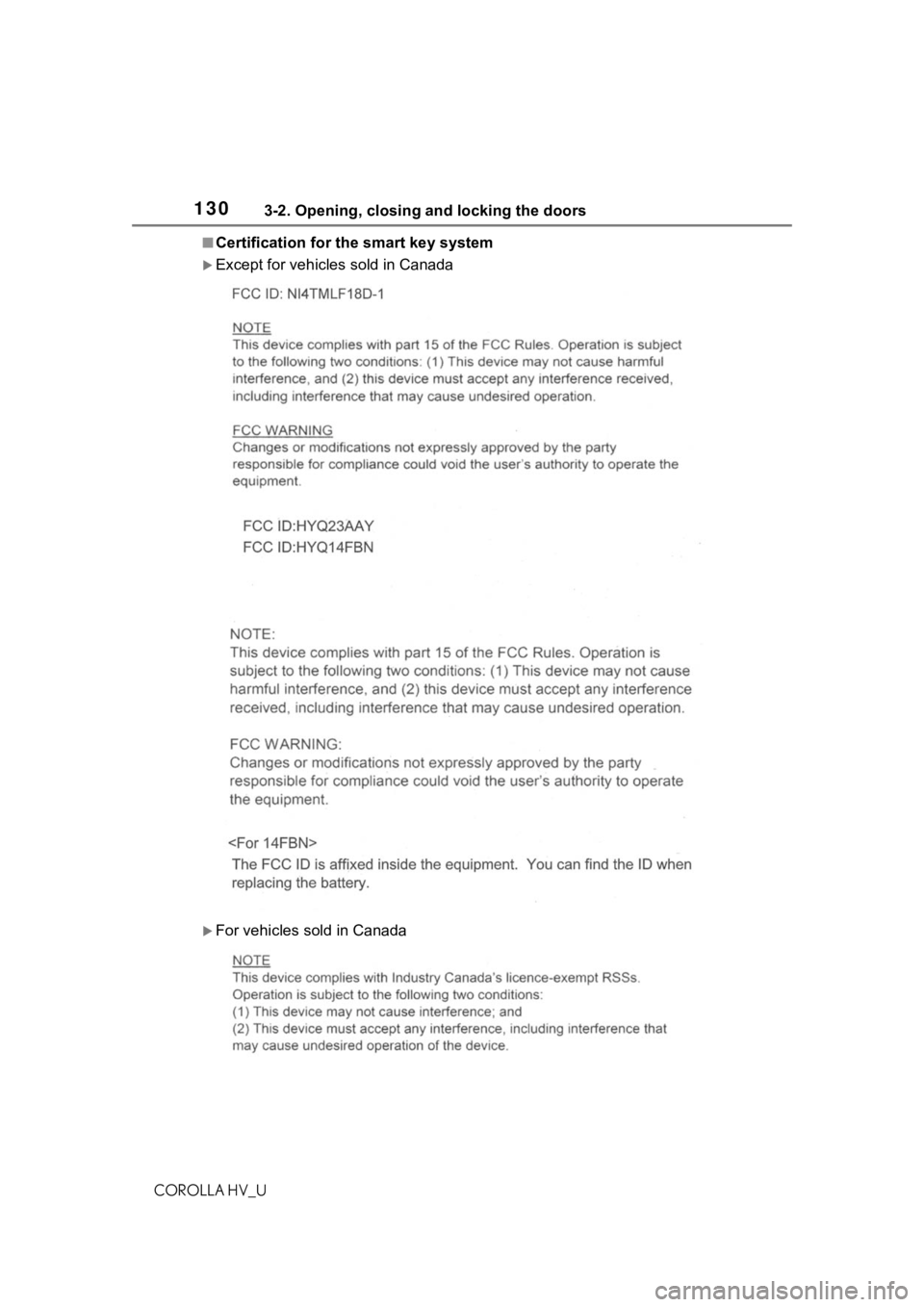 TOYOTA COROLLA HYBRID 2021  Owners Manual (in English) 1303-2. Opening, closing and locking the doors
COROLLA HV_U
■Certification for the smart key system
Except for vehicles sold in Canada
For vehicles sold in Canada 