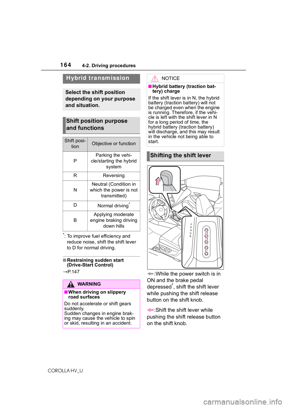 TOYOTA COROLLA HYBRID 2021 Owners Manual (in English) 1644-2. Driving procedures
COROLLA HV_U
*: To improve fuel efficiency and reduce noise, shift the shift lever
to D for normal driving.
■Restraining sudden start
(Drive-Start Control)
P. 1 4 7
TOYOTA COROLLA HYBRID 2021 Owners Manual (in English) 1644-2. Driving procedures
COROLLA HV_U
*: To improve fuel efficiency and reduce noise, shift the shift lever
to D for normal driving.
■Restraining sudden start
(Drive-Start Control)
P. 1 4 7