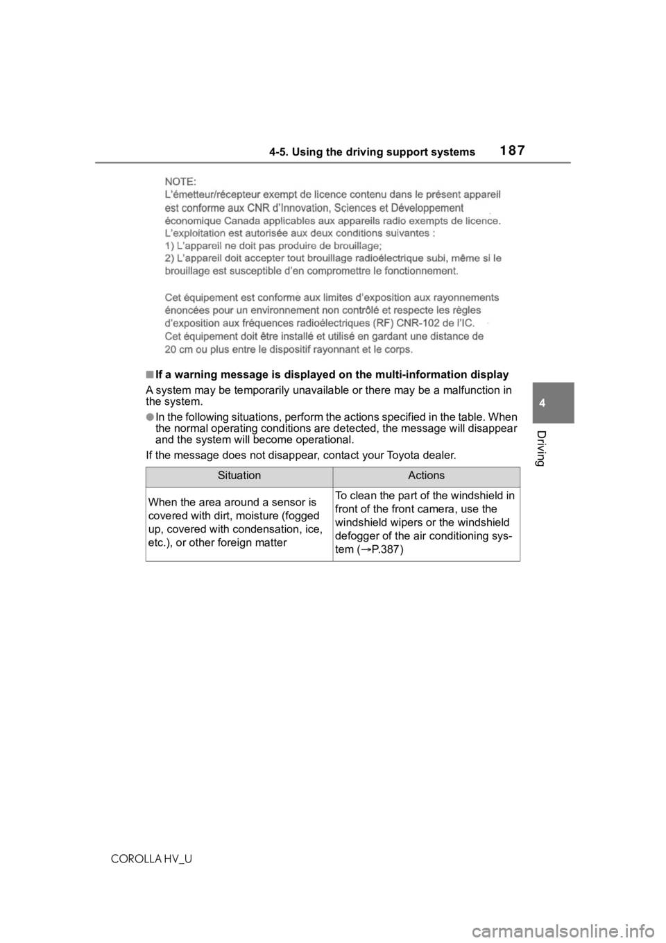 TOYOTA COROLLA HYBRID 2021 Owners Manual (in English) 1874-5. Using the driving support systems
COROLLA HV_U
4
Driving
■If a warning message is displayed on the multi-information disp lay
A system may be tempor arily unavailable or there may be a malfu TOYOTA COROLLA HYBRID 2021 Owners Manual (in English) 1874-5. Using the driving support systems
COROLLA HV_U
4
Driving
■If a warning message is displayed on the multi-information disp lay
A system may be tempor arily unavailable or there may be a malfu