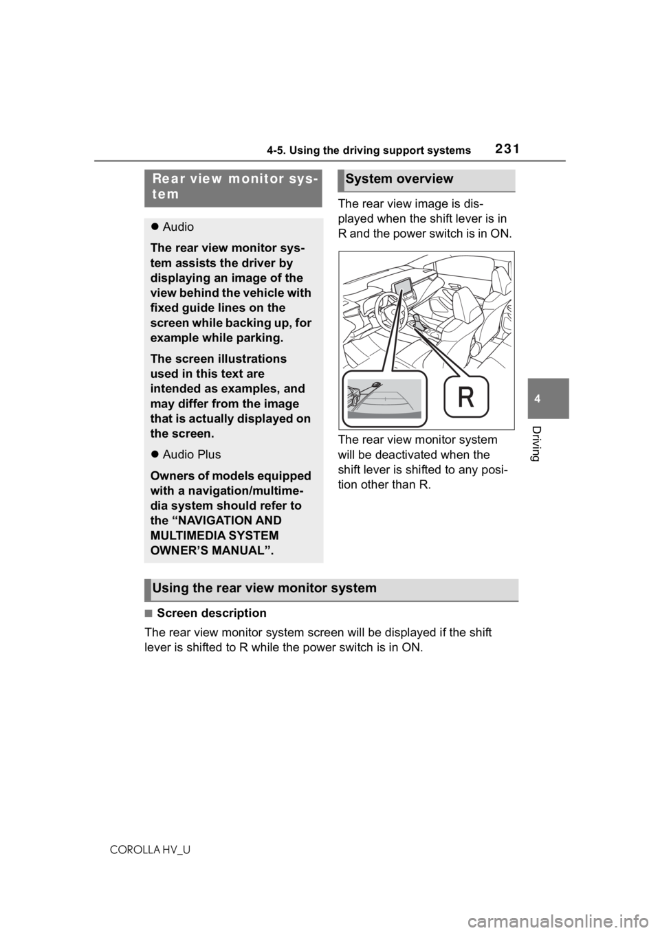 TOYOTA COROLLA HYBRID 2021  Owners Manual (in English) 2314-5. Using the driving support systems
COROLLA HV_U
4
Driving
The rear view image is dis-
played when the shift lever is in 
R and the power switch is in ON.
The rear view monitor system 
will be d