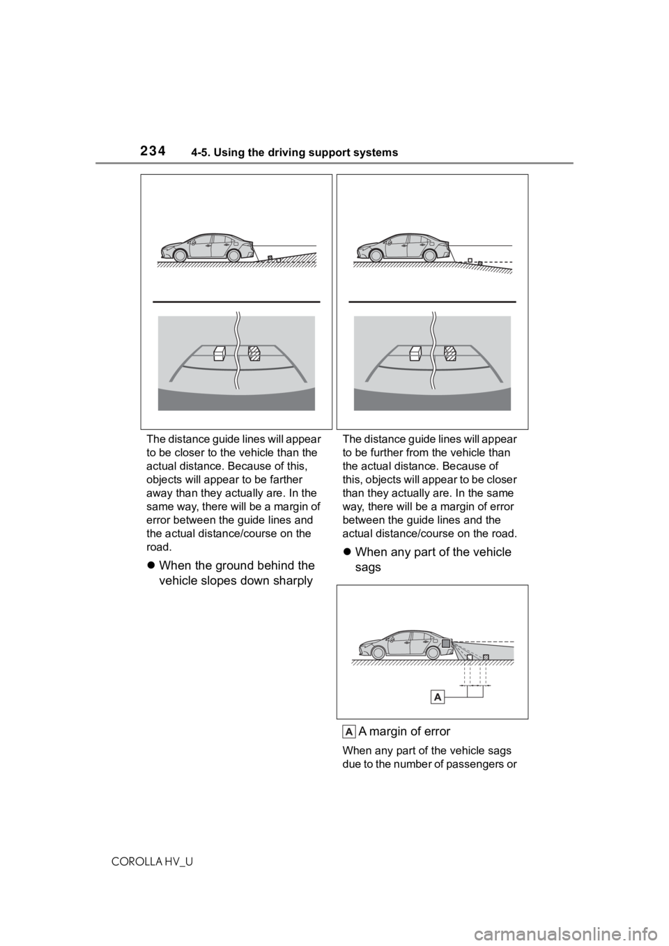 TOYOTA COROLLA HYBRID 2021  Owners Manual (in English) 2344-5. Using the driving support systems
COROLLA HV_UThe distance guide lines will appear 
to be closer to the vehicle than the 
actual distance. Because of this, 
objects will appear to be farther 
