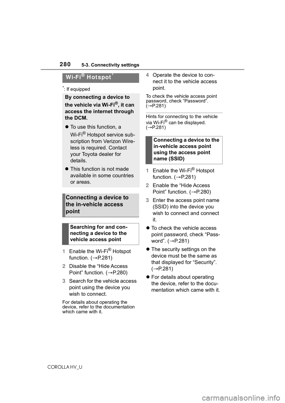 TOYOTA COROLLA HYBRID 2021  Owners Manual (in English) 2805-3. Connectivity settings
COROLLA HV_U
*: If equipped
1Enable the Wi-Fi® Hotspot 
function. ( P.281)
2 Disable the “Hide Access 
Point” function. ( P.280)
3 Search for the vehicle acces