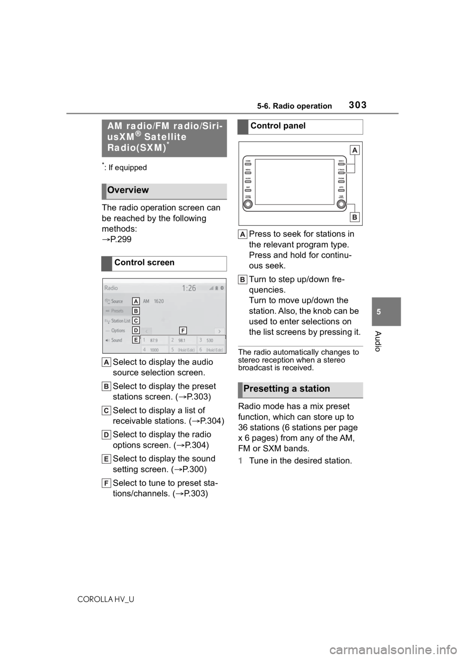 TOYOTA COROLLA HYBRID 2021  Owners Manual (in English) 3035-6. Radio operation
COROLLA HV_U
5
Audio
5-6.Radio operation
*: If equipped
The radio operation screen can 
be reached by the following 
methods:
 P. 2 9 9
Select to display the audio 
source s