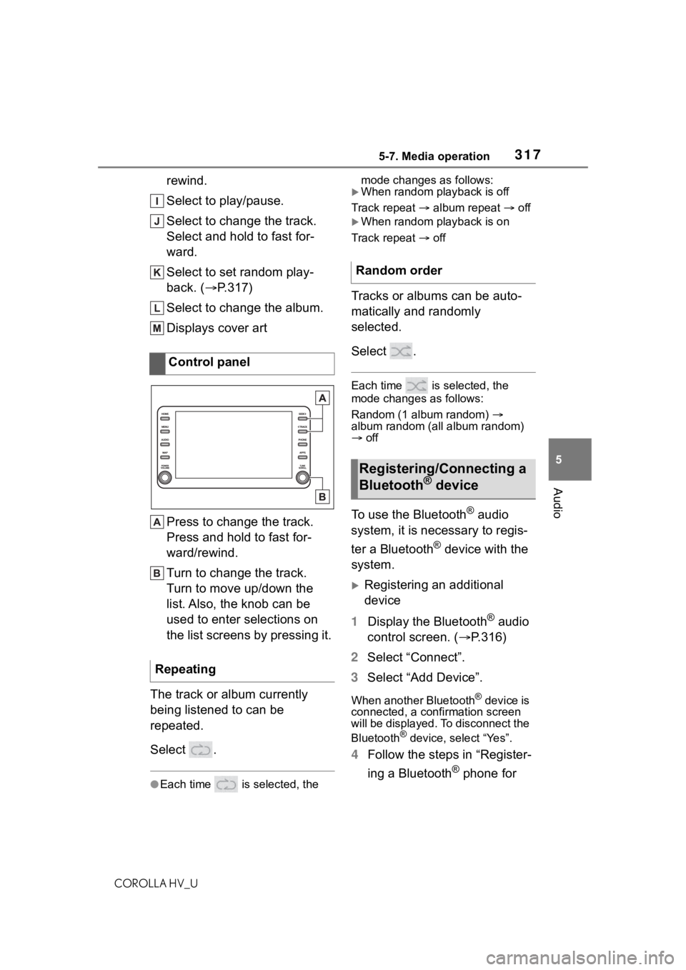 TOYOTA COROLLA HYBRID 2021  Owners Manual (in English) 3175-7. Media operation
COROLLA HV_U
5
Audio
rewind.
Select to play/pause.
Select to change the track.
Select and hold to fast for-
ward.
Select to set random play-
back. ( P.317)
Select to change 