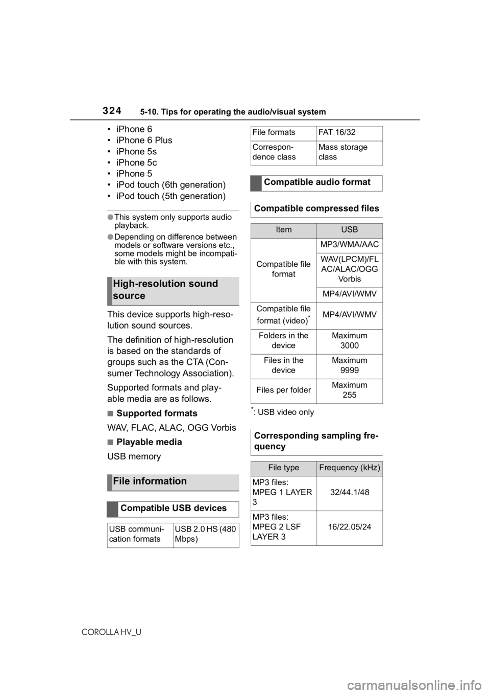 TOYOTA COROLLA HYBRID 2021 Owners Manual (in English) 3245-10. Tips for operating the audio/visual system
COROLLA HV_U
• iPhone 6
• iPhone 6 Plus
• iPhone 5s
• iPhone 5c
• iPhone 5
• iPod touch (6th generation)
• iPod touch (5th generation) TOYOTA COROLLA HYBRID 2021 Owners Manual (in English) 3245-10. Tips for operating the audio/visual system
COROLLA HV_U
• iPhone 6
• iPhone 6 Plus
• iPhone 5s
• iPhone 5c
• iPhone 5
• iPod touch (6th generation)
• iPod touch (5th generation)