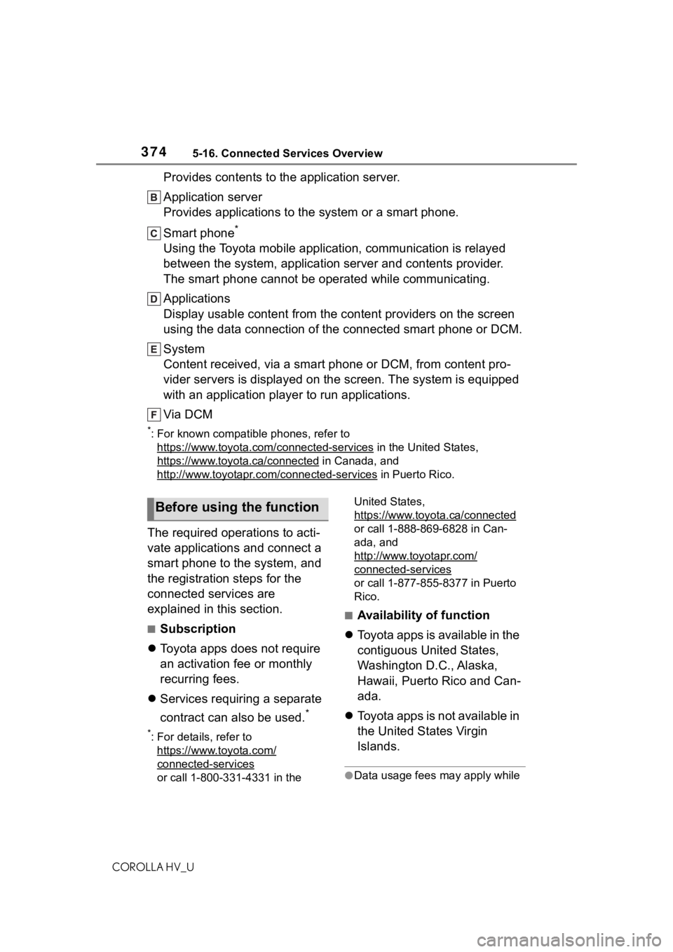 TOYOTA COROLLA HYBRID 2021  Owners Manual (in English) 3745-16. Connected Services Overview
COROLLA HV_U
Provides contents to the application server.
Application server
Provides applications to the system or a smart phone.
Smart phone
*
Using the Toyota m