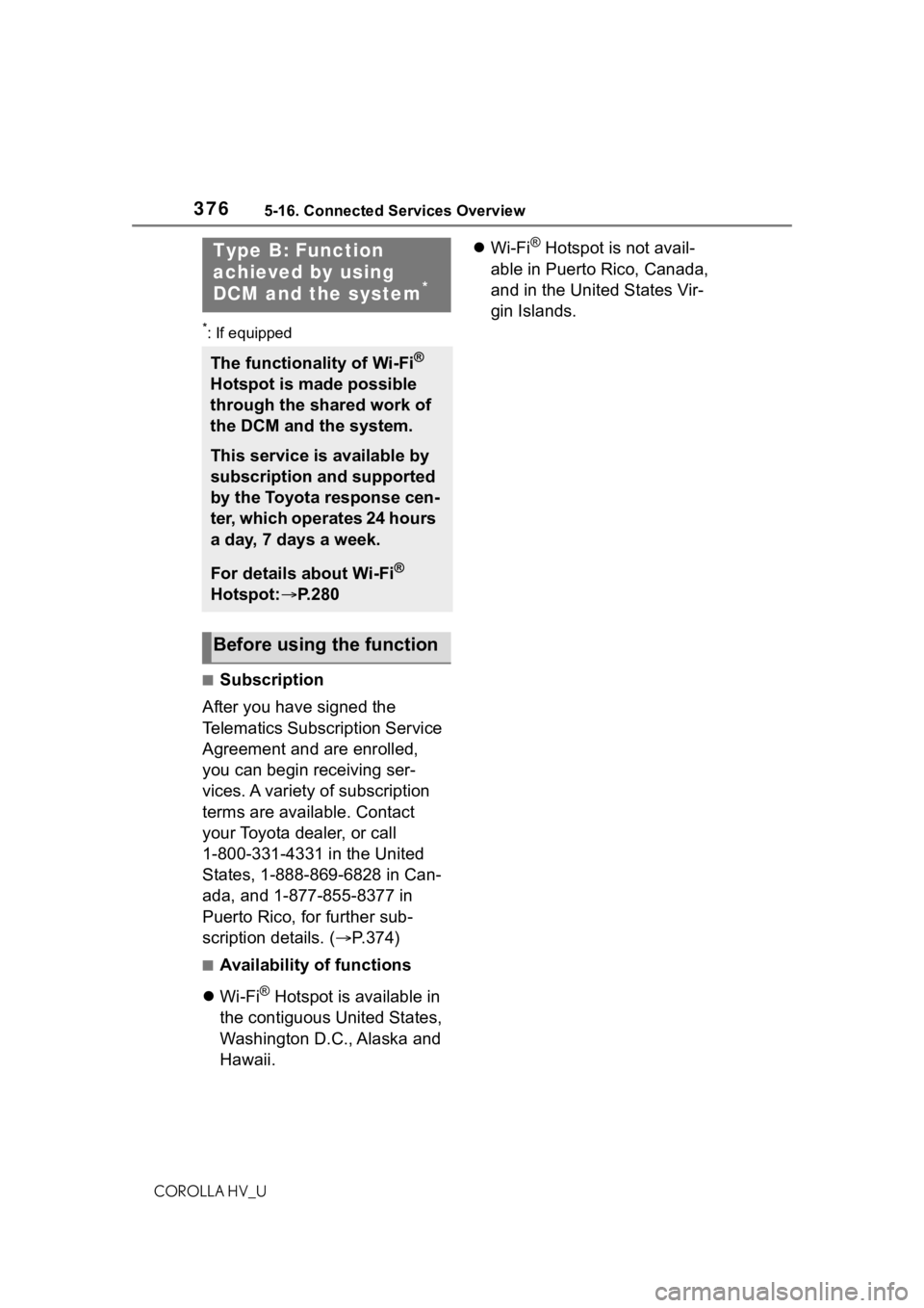 TOYOTA COROLLA HYBRID 2021  Owners Manual (in English) 3765-16. Connected Services Overview
COROLLA HV_U
*: If equipped
■Subscription
After you have signed the 
Telematics Subscription Service 
Agreement and are enrolled, 
you can begin receiving ser-
v