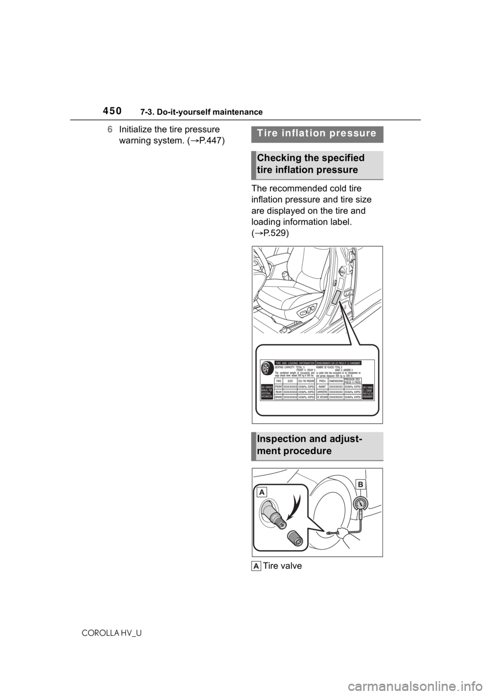 TOYOTA COROLLA HYBRID 2021  Owners Manual (in English) 4507-3. Do-it-yourself maintenance
COROLLA HV_U
6Initialize the tire pressure 
warning system. ( P.447)
The recommended cold tire 
inflation pressure and tire size 
are displayed on the tire and 
l