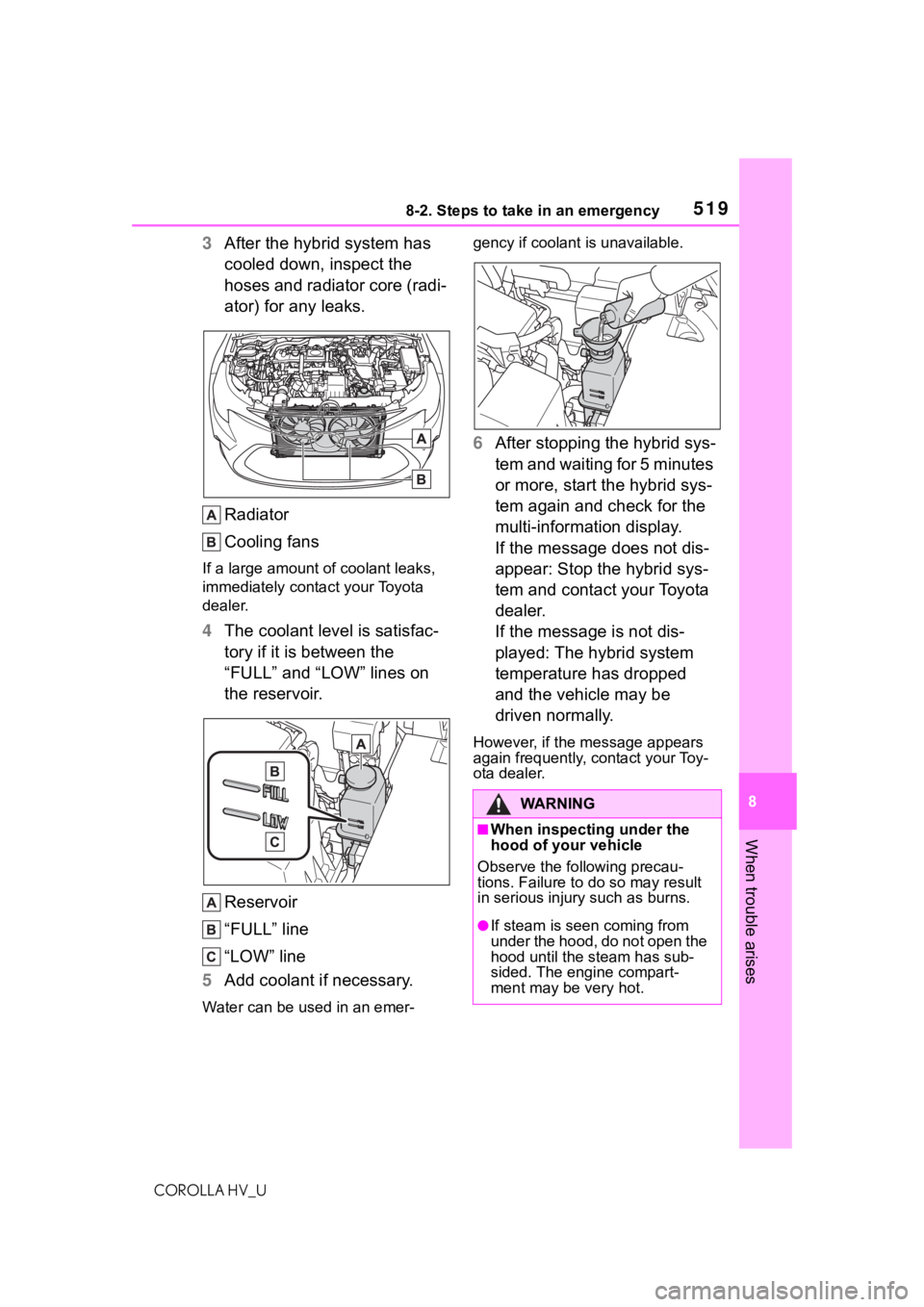 TOYOTA COROLLA HYBRID 2021  Owners Manual (in English) 5198-2. Steps to take in an emergency
COROLLA HV_U
8
When trouble arises
3 After the hybrid system has 
cooled down, inspect the 
hoses and radiator core (radi-
ator) for any leaks.
Radiator
Cooling f