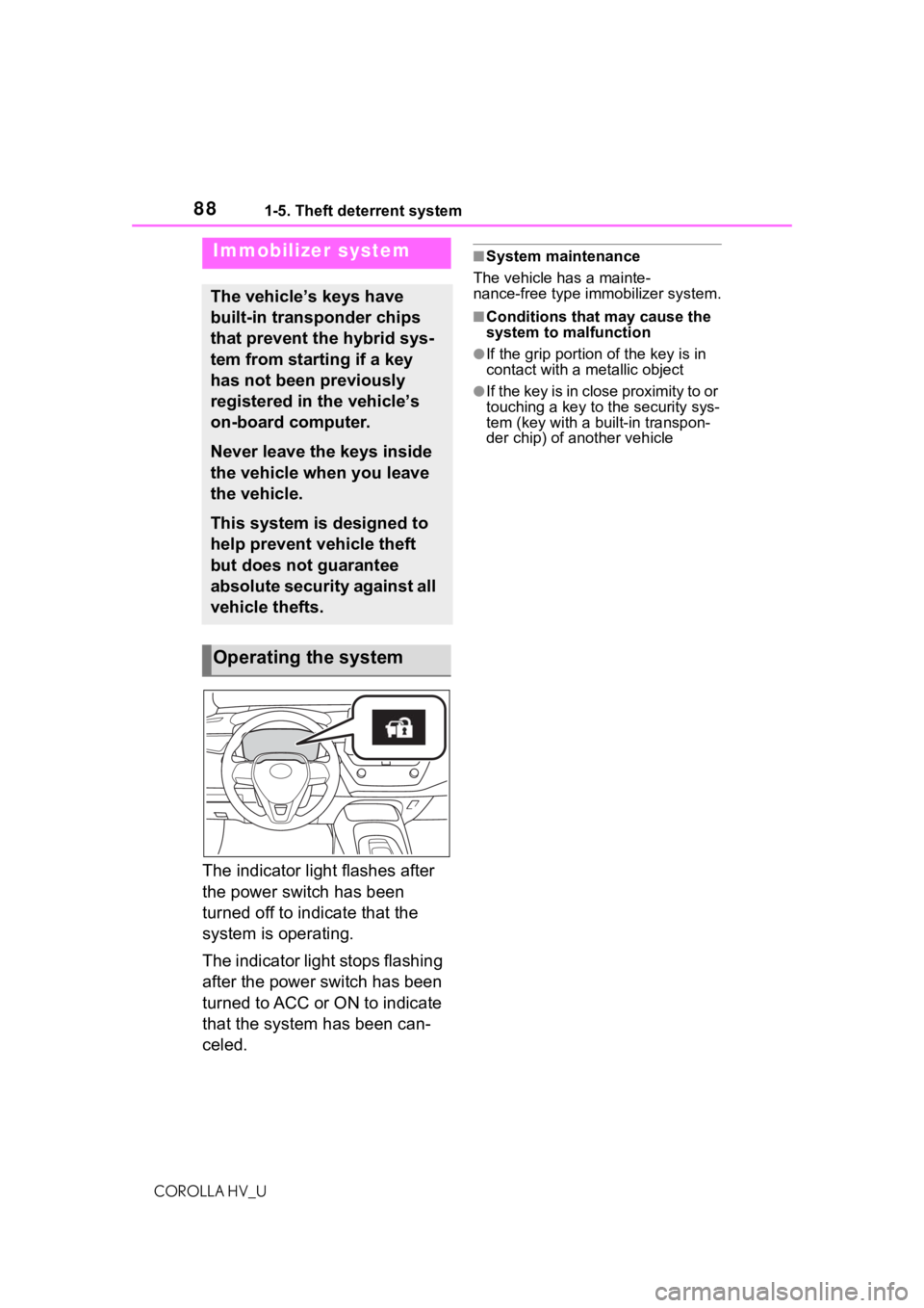 TOYOTA COROLLA HYBRID 2021 (in English) Manual Online 881-5. Theft deterrent system
COROLLA HV_U
1-5.Theft deterrent system
The indicator light flashes after
the power switch has been
turned off to indicate that the
system is operating.
The indicator TOYOTA COROLLA HYBRID 2021 (in English) Manual Online 881-5. Theft deterrent system
COROLLA HV_U
1-5.Theft deterrent system
The indicator light flashes after
the power switch has been
turned off to indicate that the
system is operating.
The indicator