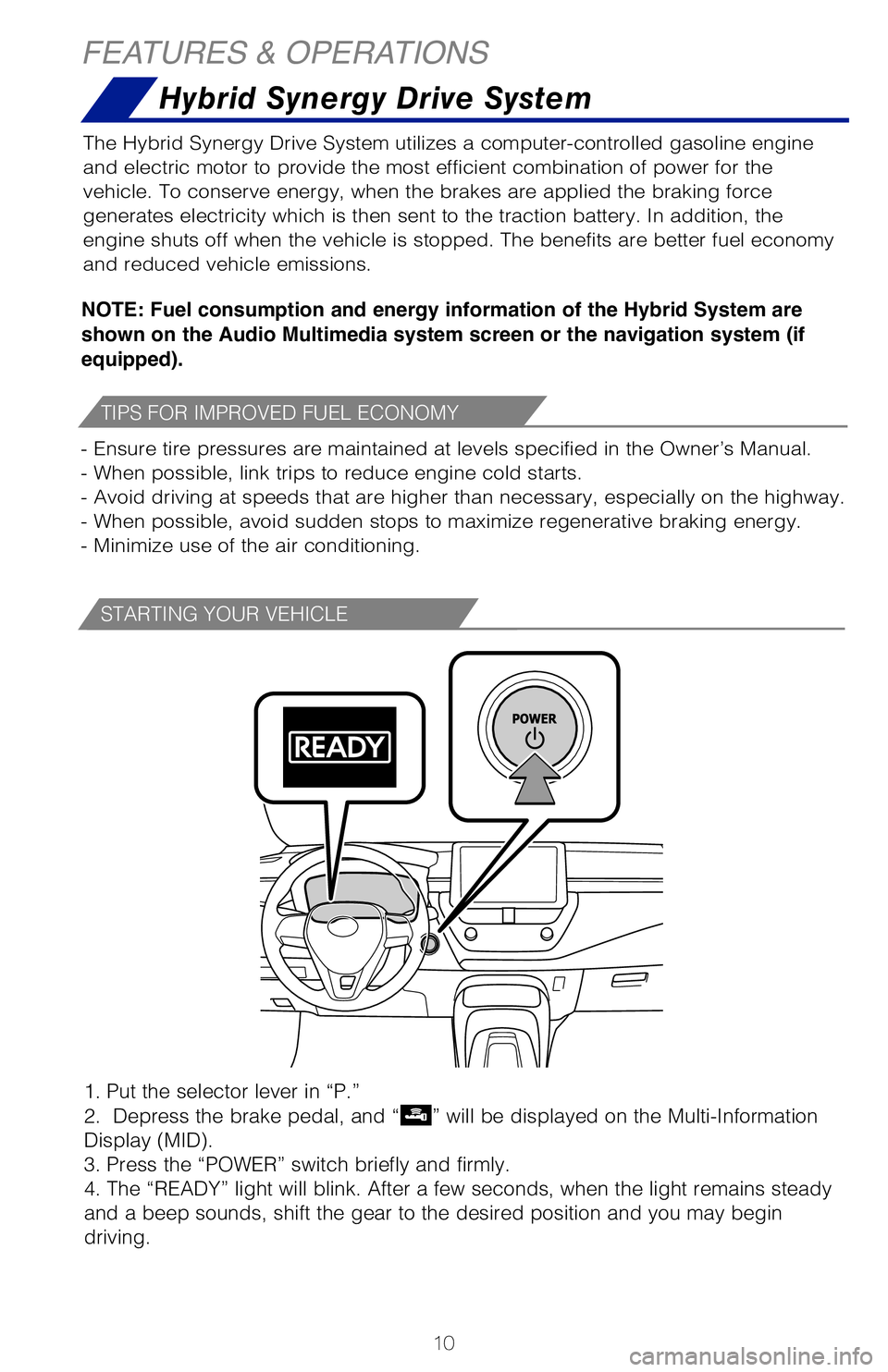 TOYOTA COROLLA HYBRID 2021 (in English) User Guide 10
* The “POWER” switch must be in the “IGNITION ON” mode and t\
he brake pedal depressed to shift from Park.
FEATURES & OPERATIONS
TIPS FOR IMPROVED FUEL ECONOMY
STARTING YOUR VEHICLE
DEFAULT TOYOTA COROLLA HYBRID 2021 (in English) User Guide 10
* The “POWER” switch must be in the “IGNITION ON” mode and t\
he brake pedal depressed to shift from Park.
FEATURES & OPERATIONS
TIPS FOR IMPROVED FUEL ECONOMY
STARTING YOUR VEHICLE
DEFAULT