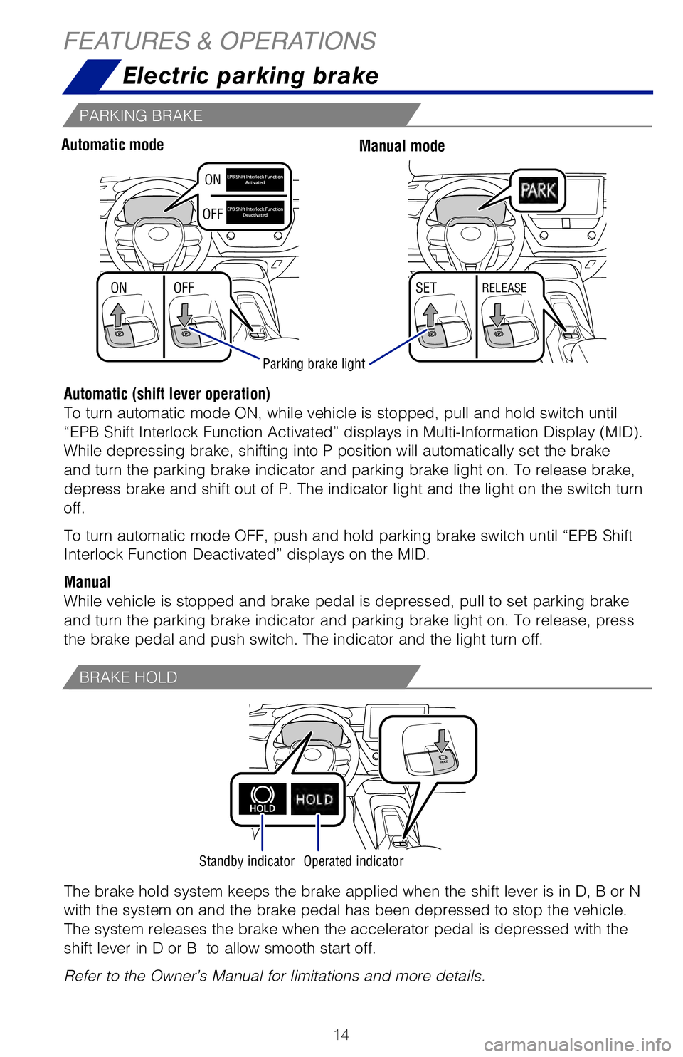 TOYOTA COROLLA HYBRID 2021 (in English) User Guide 14
FEATURES & OPERATIONSElectric parking brake
Driver sideAutomatic modeManual mode
Automatic (shift lever operation)
To turn automatic mode ON, while vehicle is stopped, pull and hold switc\
h until TOYOTA COROLLA HYBRID 2021 (in English) User Guide 14
FEATURES & OPERATIONSElectric parking brake
Driver sideAutomatic modeManual mode
Automatic (shift lever operation)
To turn automatic mode ON, while vehicle is stopped, pull and hold switc\
h until