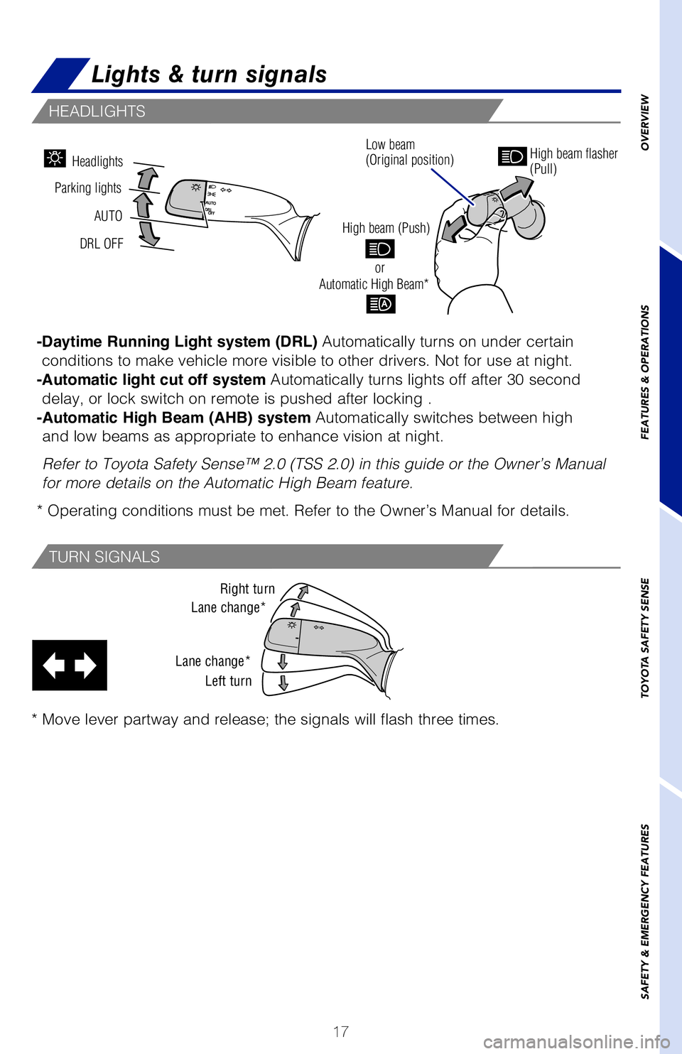 TOYOTA COROLLA HYBRID 2021 (in English) User Guide 17
OVERVIEW
FEATURES & OPERATIONS
TOYOTA SAFETY SENSE
SAFETY & EMERGENCY FEATURES
Lock release button
POWER SEAT (DRIVER’S SIDE ONLY)
-Daytime Running Light system (DRL) Automatically turns on under TOYOTA COROLLA HYBRID 2021 (in English) User Guide 17
OVERVIEW
FEATURES & OPERATIONS
TOYOTA SAFETY SENSE
SAFETY & EMERGENCY FEATURES
Lock release button
POWER SEAT (DRIVER’S SIDE ONLY)
-Daytime Running Light system (DRL) Automatically turns on under