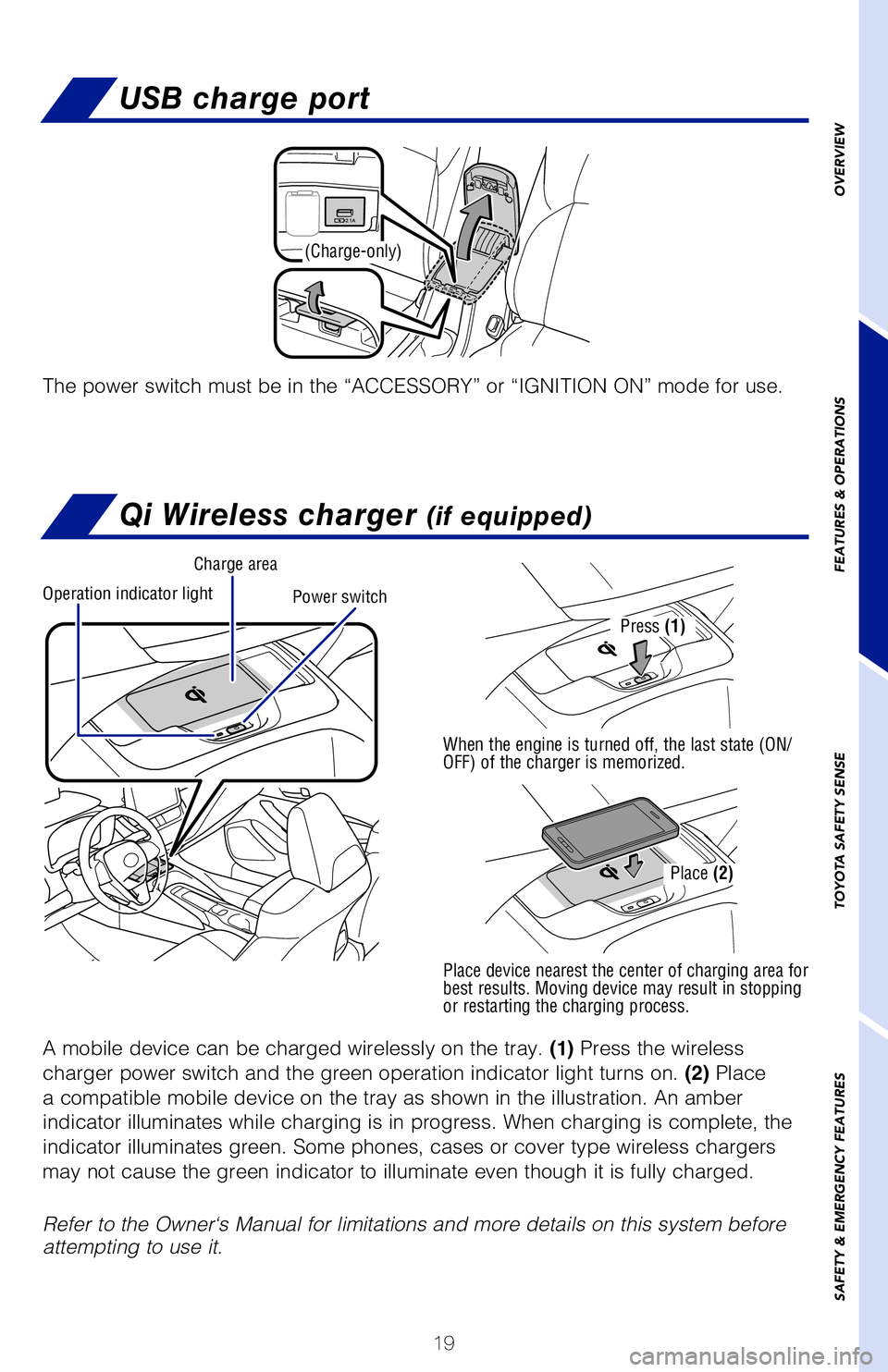 TOYOTA COROLLA HYBRID 2021   (in English) Owners Manual 19
OVERVIEW
FEATURES & OPERATIONS
TOYOTA SAFETY SENSE
SAFETY & EMERGENCY FEATURES
Connecting a compatible device and cable into the USB media port will su\
pport 
charging and music playback through t