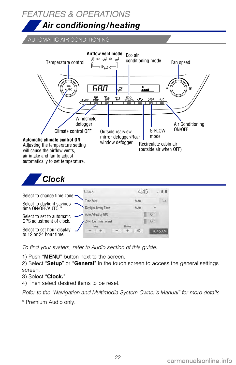 TOYOTA COROLLA HYBRID 2021   (in English) Owners Manual 22
FEATURES & OPERATIONSAir conditioning/heating
Temperature control Fan speed
Windshield 
defogger
Air Conditioning 
ON/OFF
Climate control OFF Eco air 
conditioning mode
Automatic climate control ON