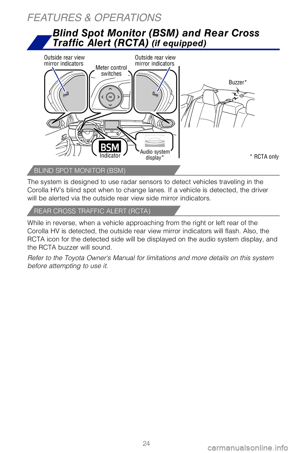 TOYOTA COROLLA HYBRID 2021   (in English) Owners Manual 24
FEATURES & OPERATIONS
The VSC OFF switch can be used to help free a stuck vehicle in surroundi\
ngs like 
mud, dirt or snow. While the vehicle is stopped, press switch to disable\
 the TRAC 
system