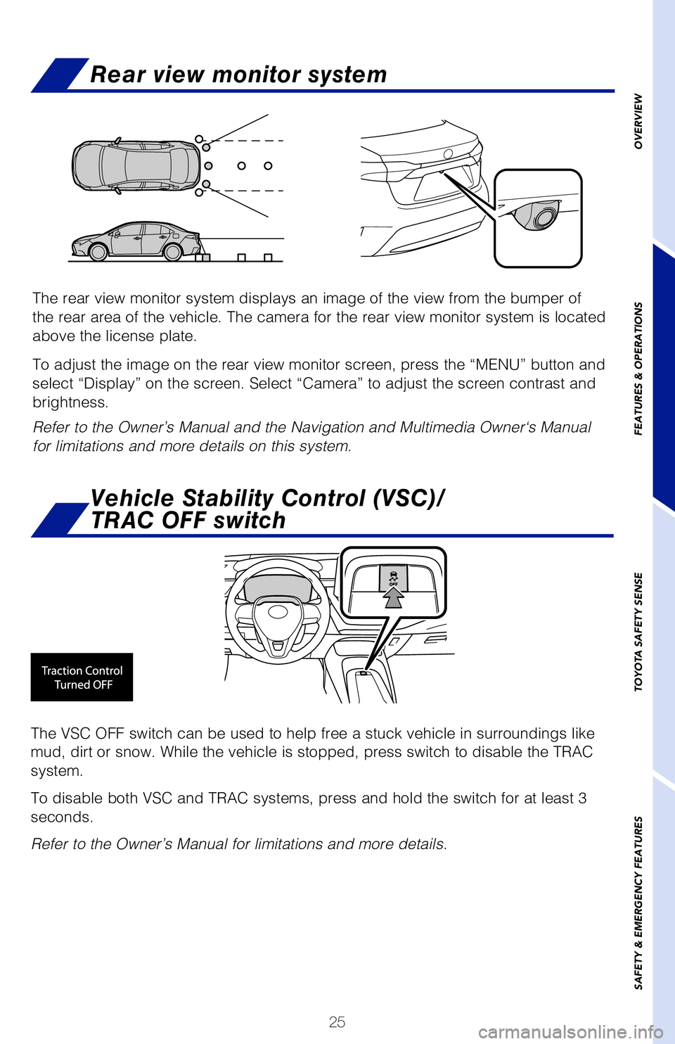 TOYOTA COROLLA HYBRID 2021   (in English) Owners Manual 25
OVERVIEW
FEATURES & OPERATIONS
TOYOTA SAFETY SENSE
SAFETY & EMERGENCY FEATURES
The VSC OFF switch can be used to help free a stuck vehicle in surroundi\
ngs like 
mud, dirt or snow. While the vehic