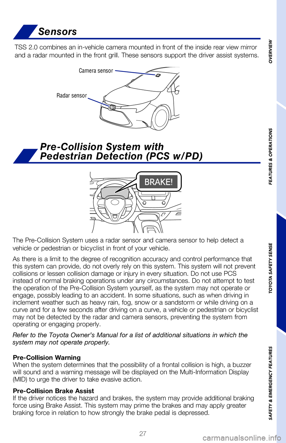 TOYOTA COROLLA HYBRID 2021   (in English) Owners Manual 27
Radar sensorCamera sensor
Sensors
Toyota Safety Sense™ 2.0 (TSS 2.0) is a set of active safety technologies designed 
to help mitigate or prevent collisions across a wide range of traffic si\
tua