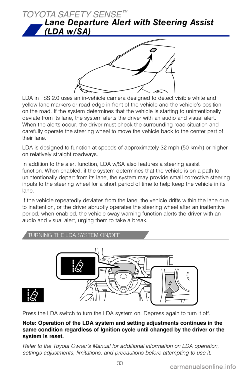 TOYOTA COROLLA HYBRID 2021   (in English) Owners Guide 30
TOYOTA SAFETY SENSE™
LDA in TSS 2.0 uses an in-vehicle camera designed to detect visible whit\
e and 
yellow lane markers or road edge in front of the vehicle and the vehicle\
’s position 
on t