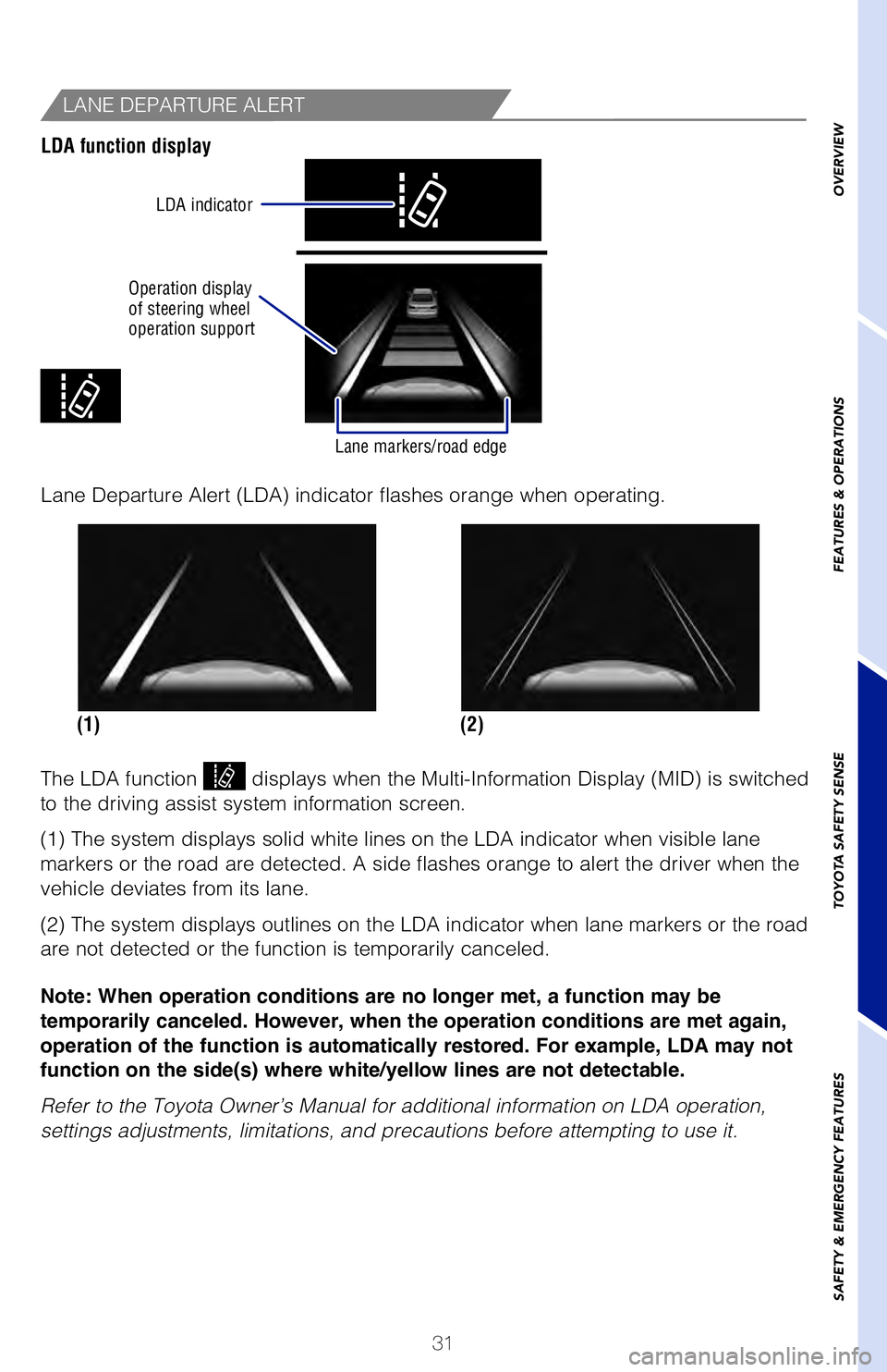 TOYOTA COROLLA HYBRID 2021   (in English) Owners Guide 31
LDA in TSS 2.0 uses an in-vehicle camera designed to detect visible whit\
e and 
yellow lane markers or road edge in front of the vehicle and the vehicle\
’s position 
on the road. If the system 