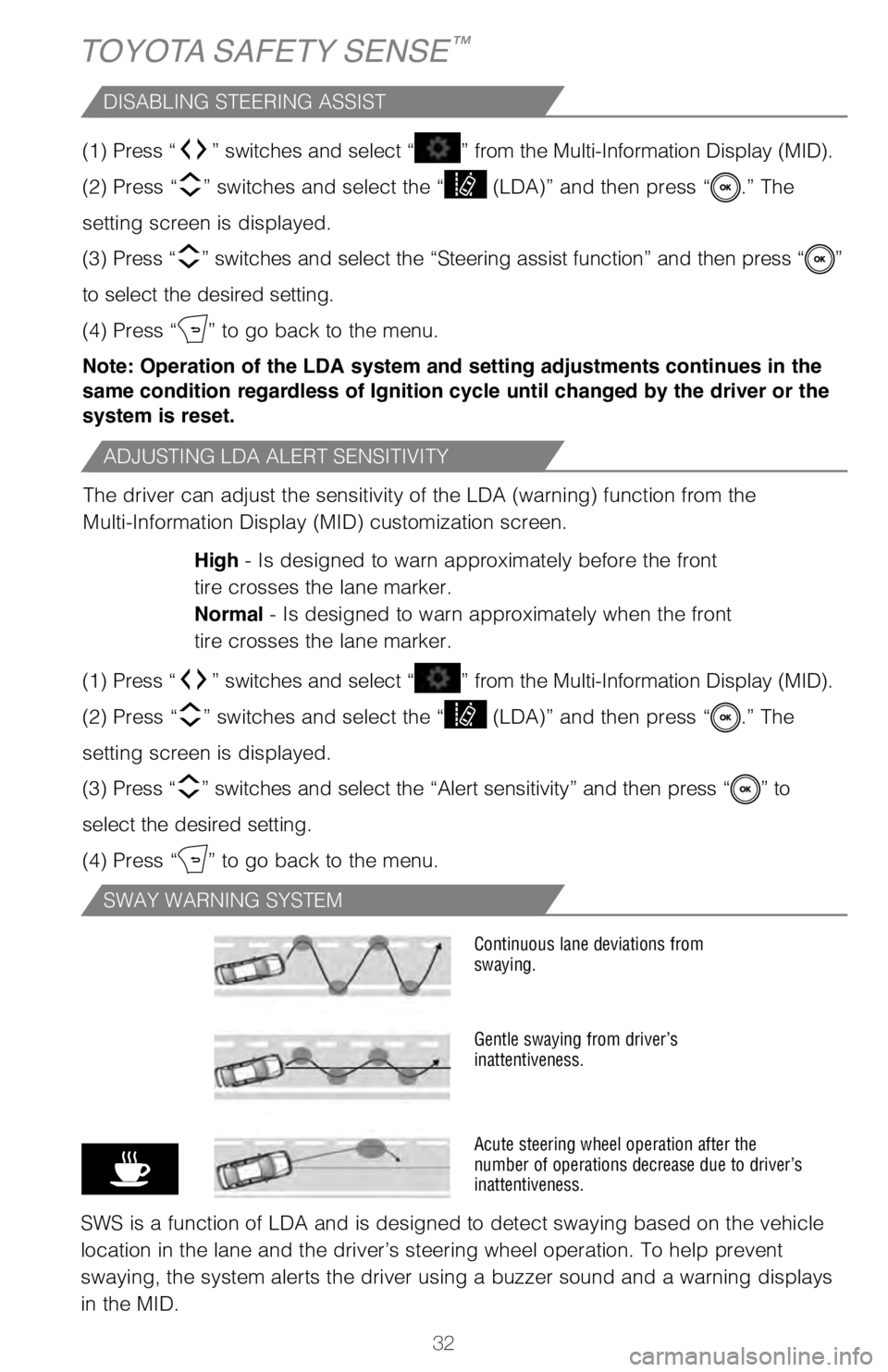TOYOTA COROLLA HYBRID 2021   (in English) Owners Guide 32
ADJUSTING LDA ALERT SENSITIVITY
DISABLING STEERING ASSIST
The driver can adjust the sensitivity of the LDA (warning) function fr\
om the
Multi-Information Display (MID) customization screen.High - 