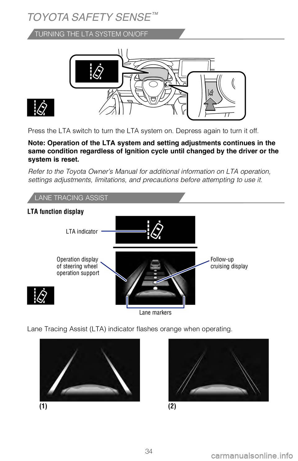TOYOTA COROLLA HYBRID 2021   (in English) Owners Guide 34
TOYOTA SAFETY SENSE™
TURNING THE LTA SYSTEM ON/OFF
Press the LTA switch to turn the LTA system on. Depress again to turn it\
 off.
Note: Operation of the LTA system and setting adjustments contin