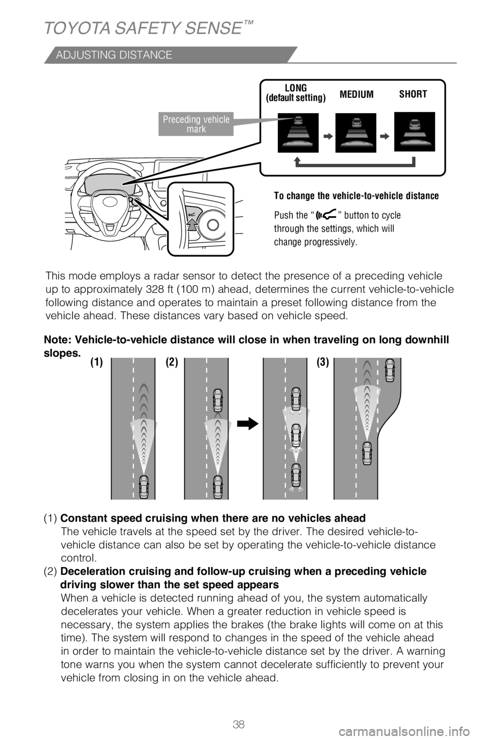 TOYOTA COROLLA HYBRID 2021   (in English) Owners Guide 38
TOYOTA SAFETY SENSE™
ADJUSTING DISTANCE
To change the vehicle-to-vehicle distance
 
Push the “
” button to cycle
through the settings, which will
change progressively. 
This mode employs a ra