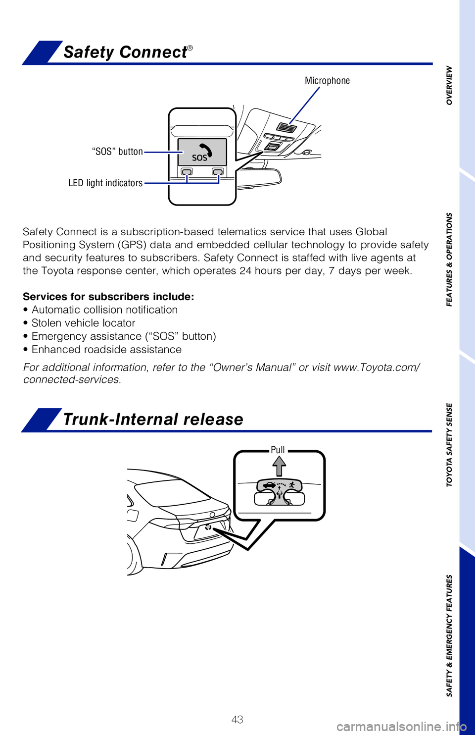 TOYOTA COROLLA HYBRID 2021   (in English) Service Manual 43
Trunk-Internal release
Pull
Rear door child safety locks
Take up slack
NOTE: If a passenger’s seat belt is fully extended, then retracted even slightly, 
the Automatic locking retractor (ALR) wil