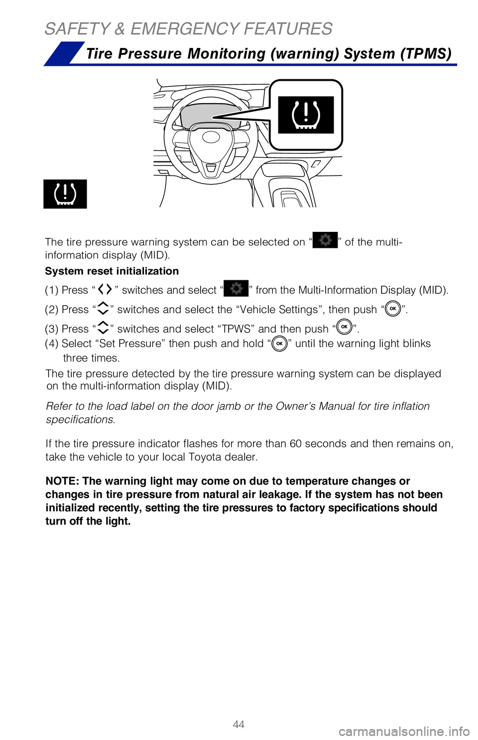 TOYOTA COROLLA HYBRID 2021   (in English) Service Manual 44
SAFETY & EMERGENCY FEATURES
Tire Pressure Monitoring (warning) System (TPMS)
The tire pressure detected by the tire pressure warning system can be displ\
ayed on the multi-information display (MID)