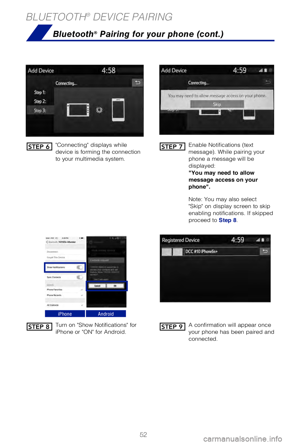 TOYOTA COROLLA HYBRID 2021   (in English) Workshop Manual 52
BLUETOOTH® DEVICE PAIRINGNOTES
"Connecting" displays while 
device is forming the connection 
to your multimedia system.Enable Notifications (text 
message). While pairing your 
phone a message wi