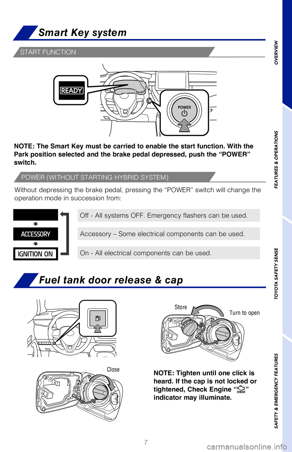 TOYOTA COROLLA HYBRID 2021 Owners Manual (in English) 7
OVERVIEW
FEATURES & OPERATIONS
TOYOTA SAFETY SENSE
SAFETY & EMERGENCY FEATURES
Keyless entrySmart Key system
Front door unlock*
NOTE: If a door is not opened within 60 seconds of unlocking, all door TOYOTA COROLLA HYBRID 2021 Owners Manual (in English) 7
OVERVIEW
FEATURES & OPERATIONS
TOYOTA SAFETY SENSE
SAFETY & EMERGENCY FEATURES
Keyless entrySmart Key system
Front door unlock*
NOTE: If a door is not opened within 60 seconds of unlocking, all door