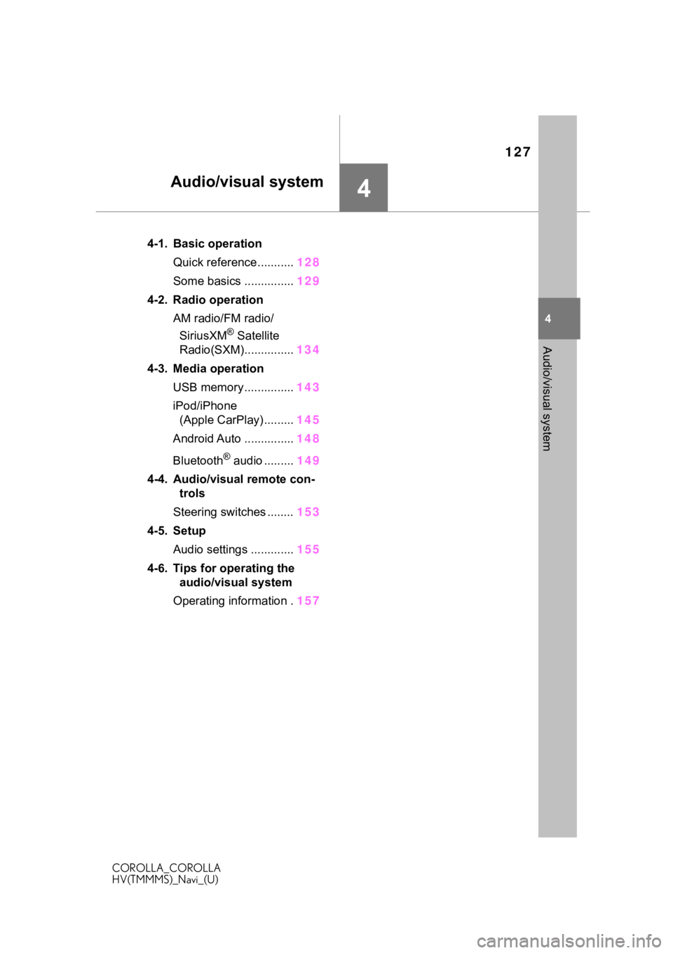 TOYOTA COROLLA HYBRID 2021  Accessories, Audio & Navigation (in English) 127
COROLLA_COROLLA
HV(TMMMS)_Navi_(U)
4
4
Audio/visual system
Audio/visual system
.4-1. Basic operationQuick reference........... 128
Some basics ............... 129
4-2. Radio operation AM radio/FM 