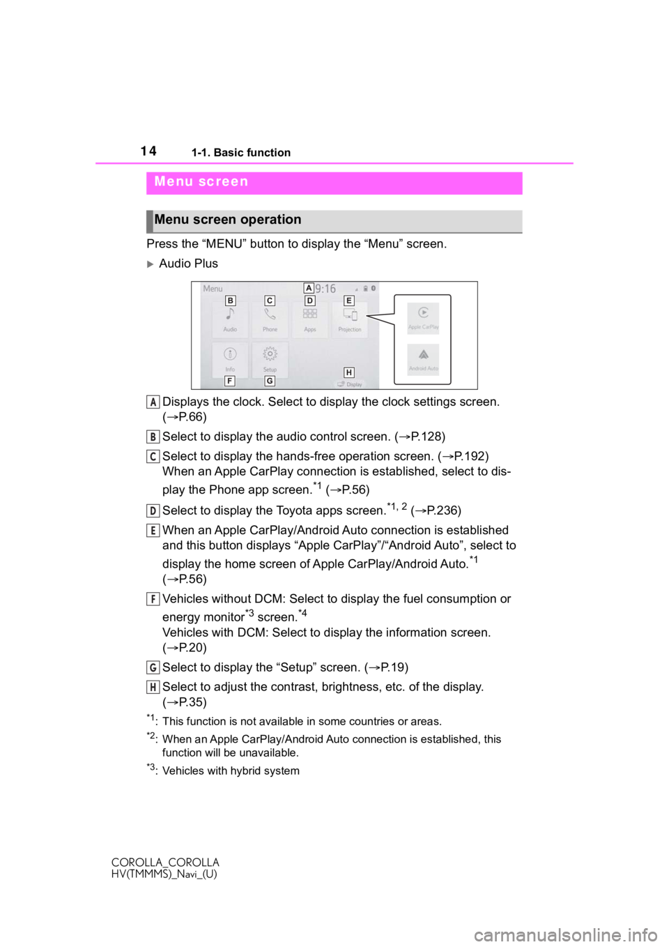TOYOTA COROLLA HYBRID 2021  Accessories, Audio & Navigation (in English) 141-1. Basic function
COROLLA_COROLLA
HV(TMMMS)_Navi_(U)
Press the “MENU” button to display the “Menu” screen.
Audio Plus
Displays the clock. Select to display the clock settings screen. 
(