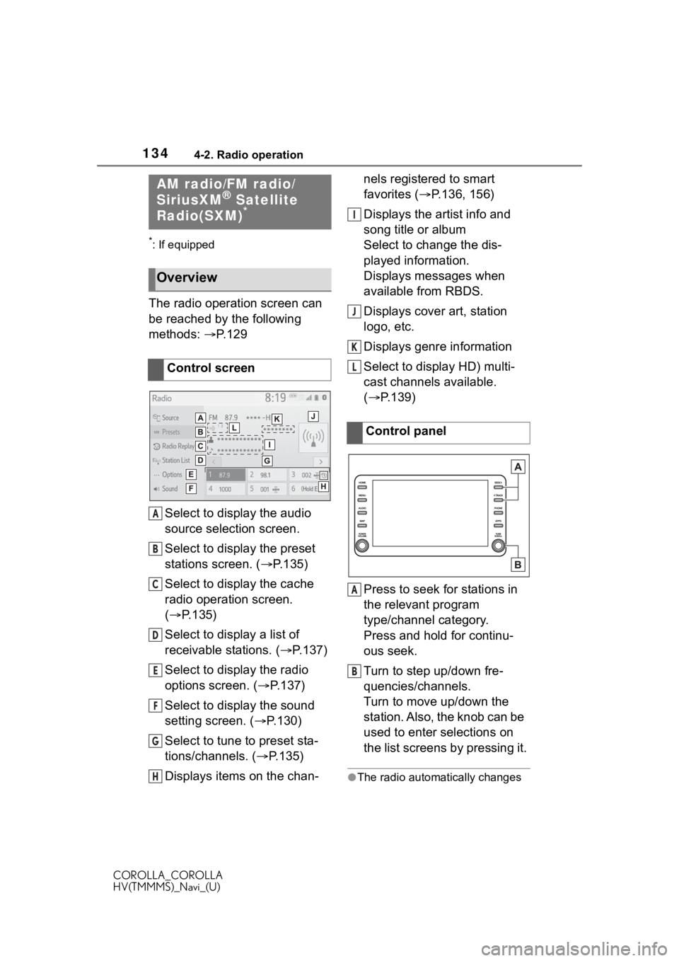 TOYOTA COROLLA HYBRID 2021 Accessories, Audio & Navigation (in English) 1344-2. Radio operation
COROLLA_COROLLA
HV(TMMMS)_Navi_(U)
4-2.Radio operation
*: If equipped
The radio operation screen can
be reached by the following
methods: P. 1 2 9
Select to display the au TOYOTA COROLLA HYBRID 2021 Accessories, Audio & Navigation (in English) 1344-2. Radio operation
COROLLA_COROLLA
HV(TMMMS)_Navi_(U)
4-2.Radio operation
*: If equipped
The radio operation screen can
be reached by the following
methods: P. 1 2 9
Select to display the au