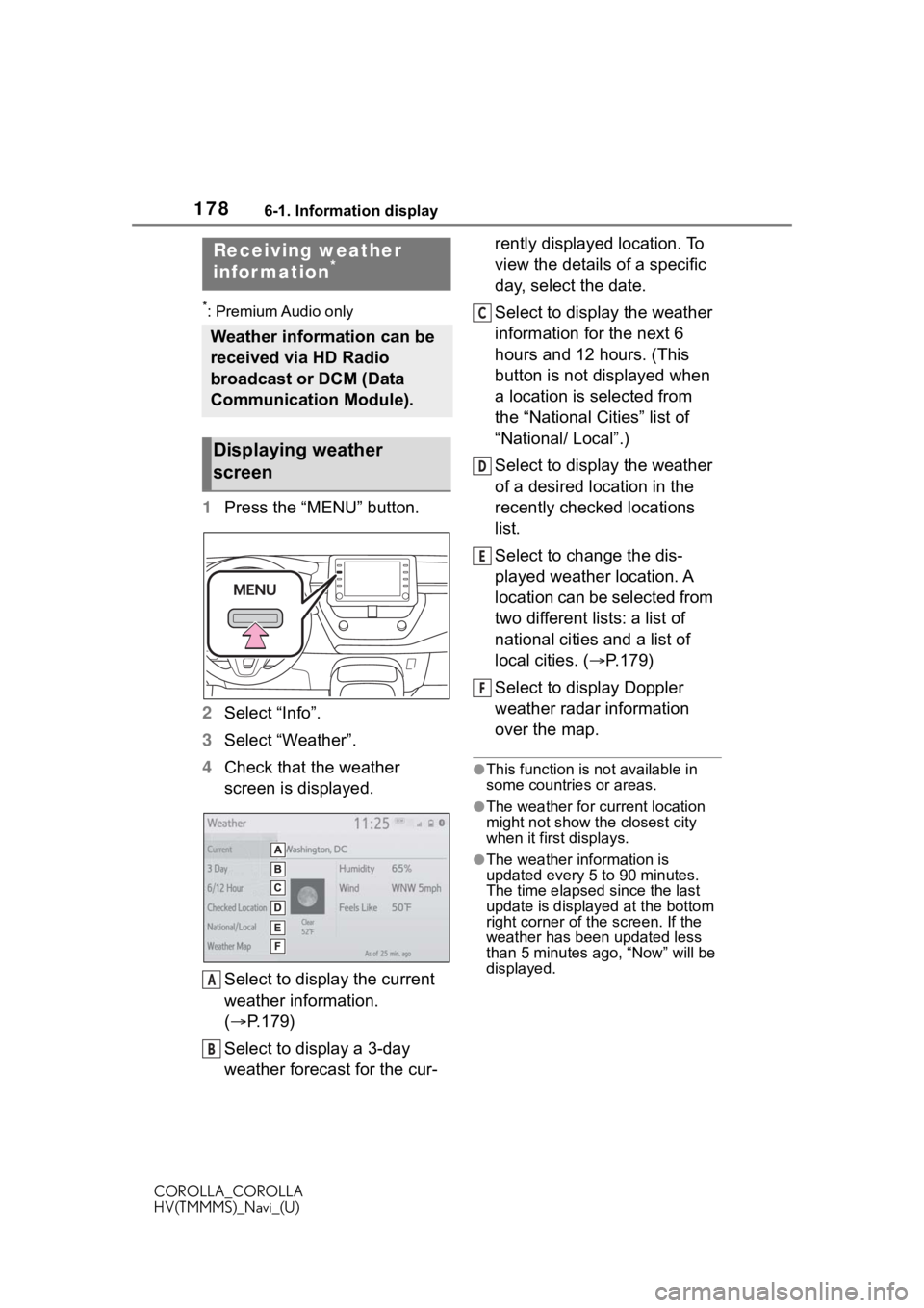 TOYOTA COROLLA HYBRID 2021 Accessories, Audio & Navigation (in English) 1786-1. Information display
COROLLA_COROLLA
HV(TMMMS)_Navi_(U)
6-1.Information display
*: Premium Audio only
1Press the “MENU” button.
2 Select “Info”.
3 Select “Weather”.
4 Check that the TOYOTA COROLLA HYBRID 2021 Accessories, Audio & Navigation (in English) 1786-1. Information display
COROLLA_COROLLA
HV(TMMMS)_Navi_(U)
6-1.Information display
*: Premium Audio only
1Press the “MENU” button.
2 Select “Info”.
3 Select “Weather”.
4 Check that the